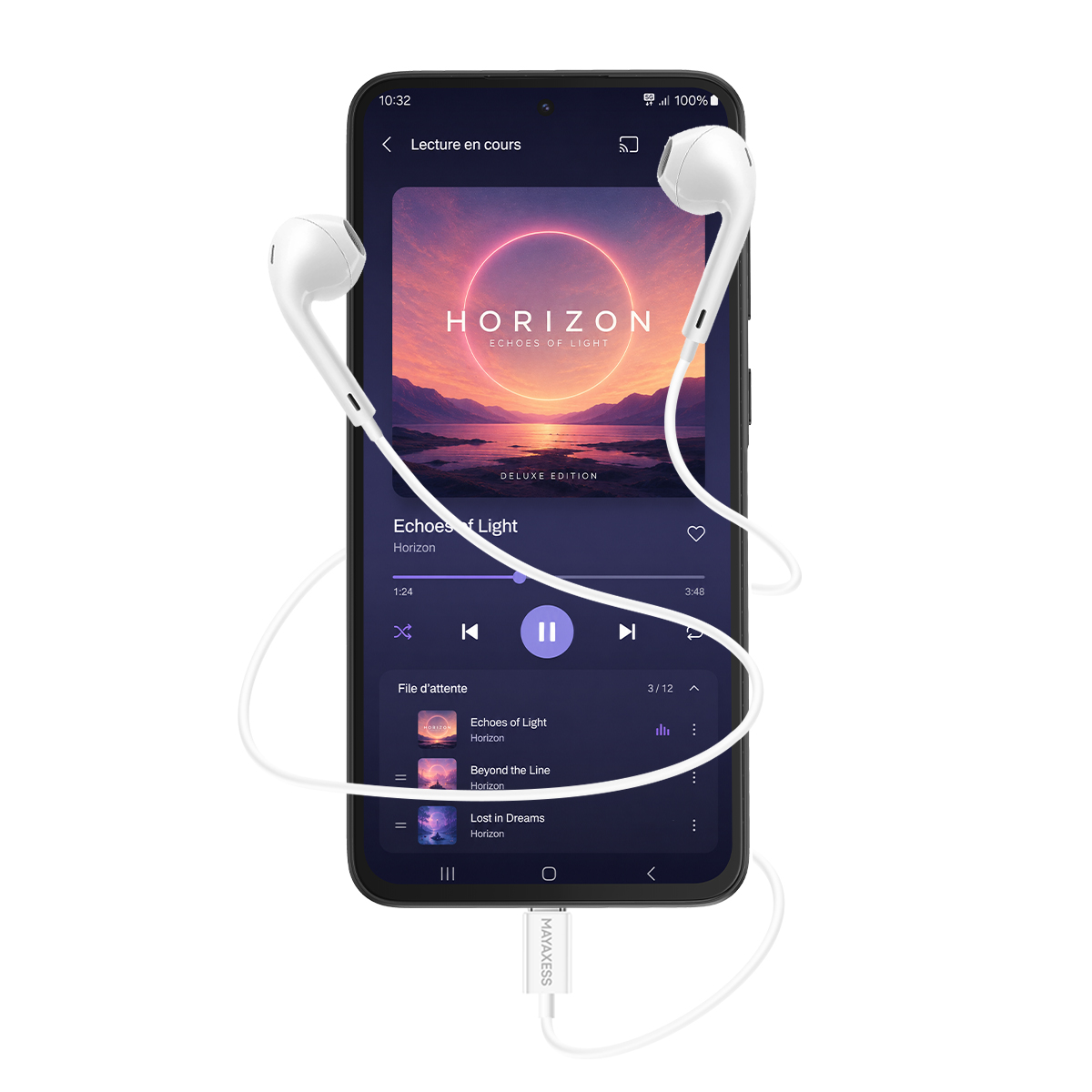 Smartphone riproduce musica con auricolari bianchi. Copertina album mostra tramonto su montagne.