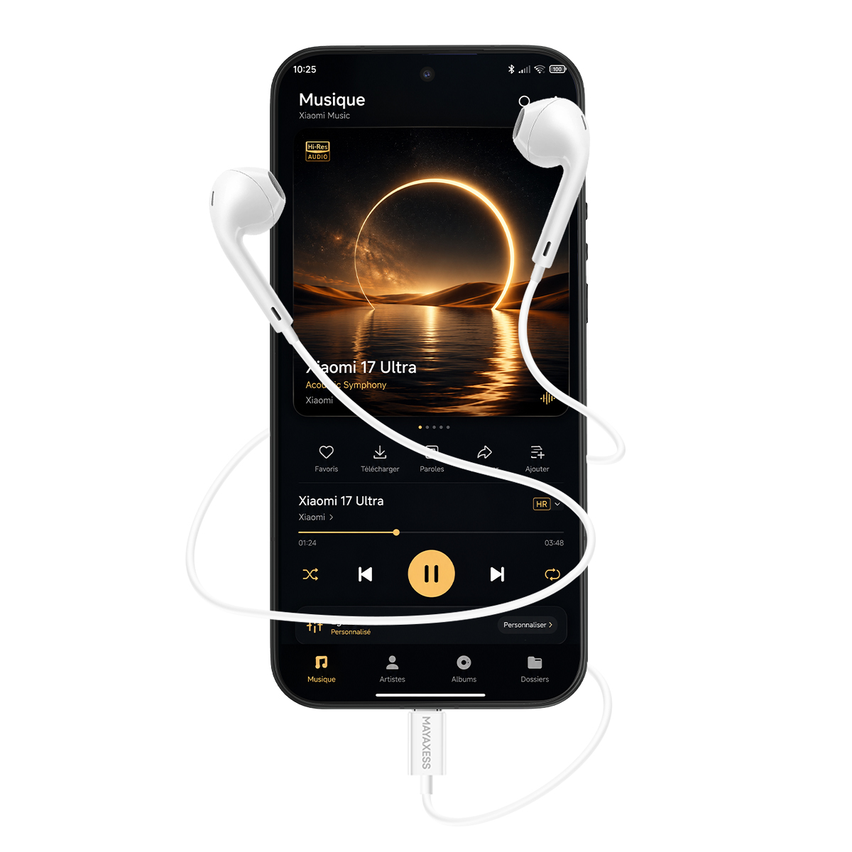 Uno smartphone con auricolari, che mostra l'app musicale.