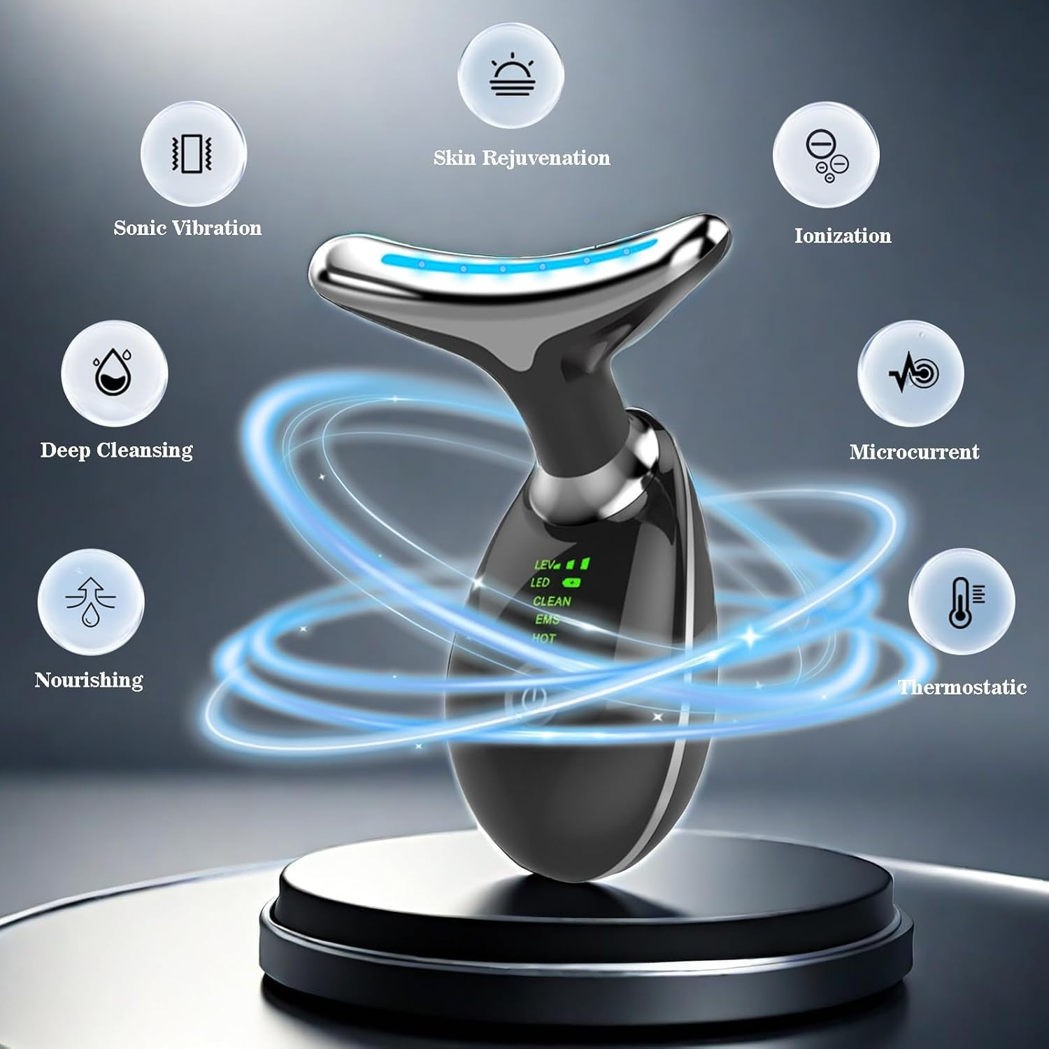 Schwarzes Hautpflegegerät mit Symbolen für Sonic Vibration, Tiefenreinigung, Nährung, Hautverjüngung, Ionisierung, Mikrostrom, Thermostatik.
