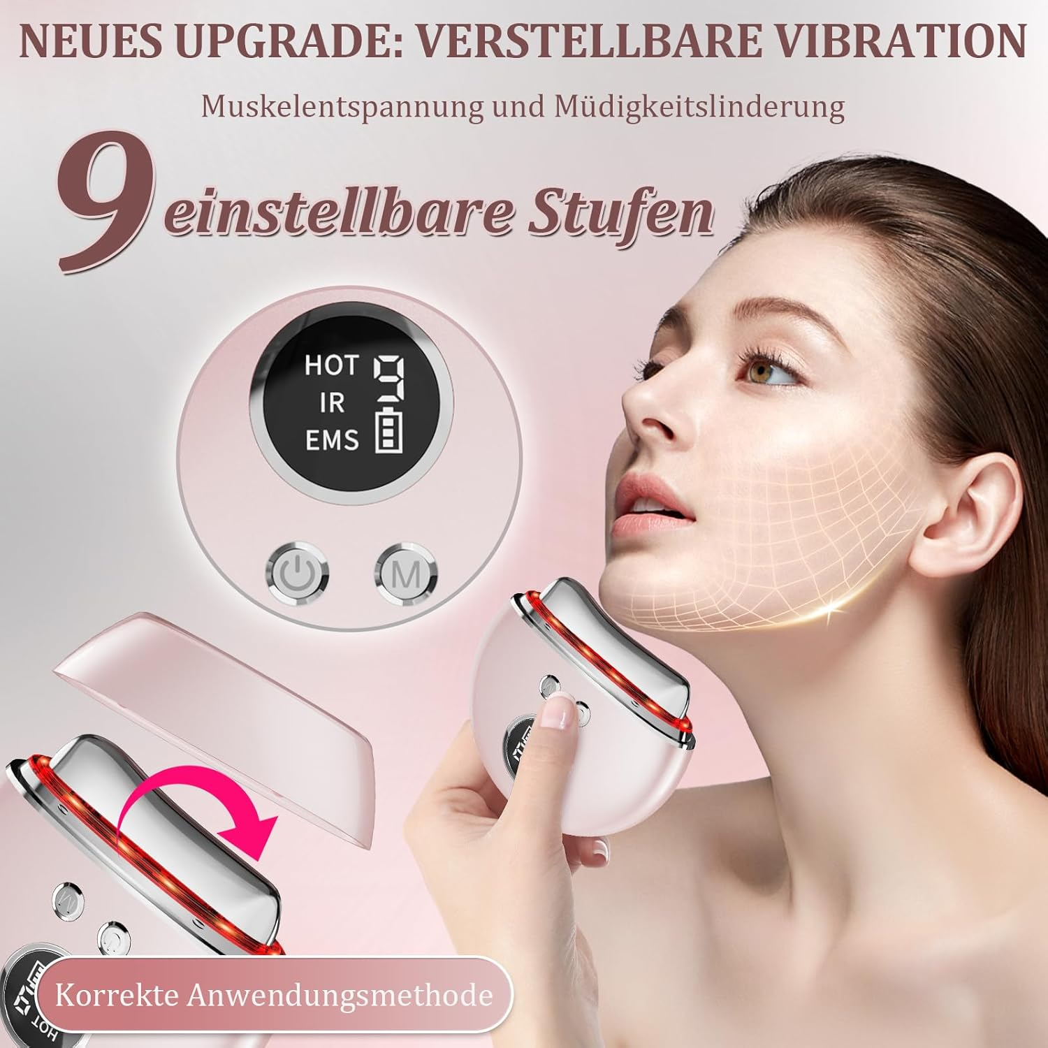 Frau mit Hautpflegegerät, das 9 Stufen anzeigt. Text: Neues Upgrade, verstellbare Vibration.