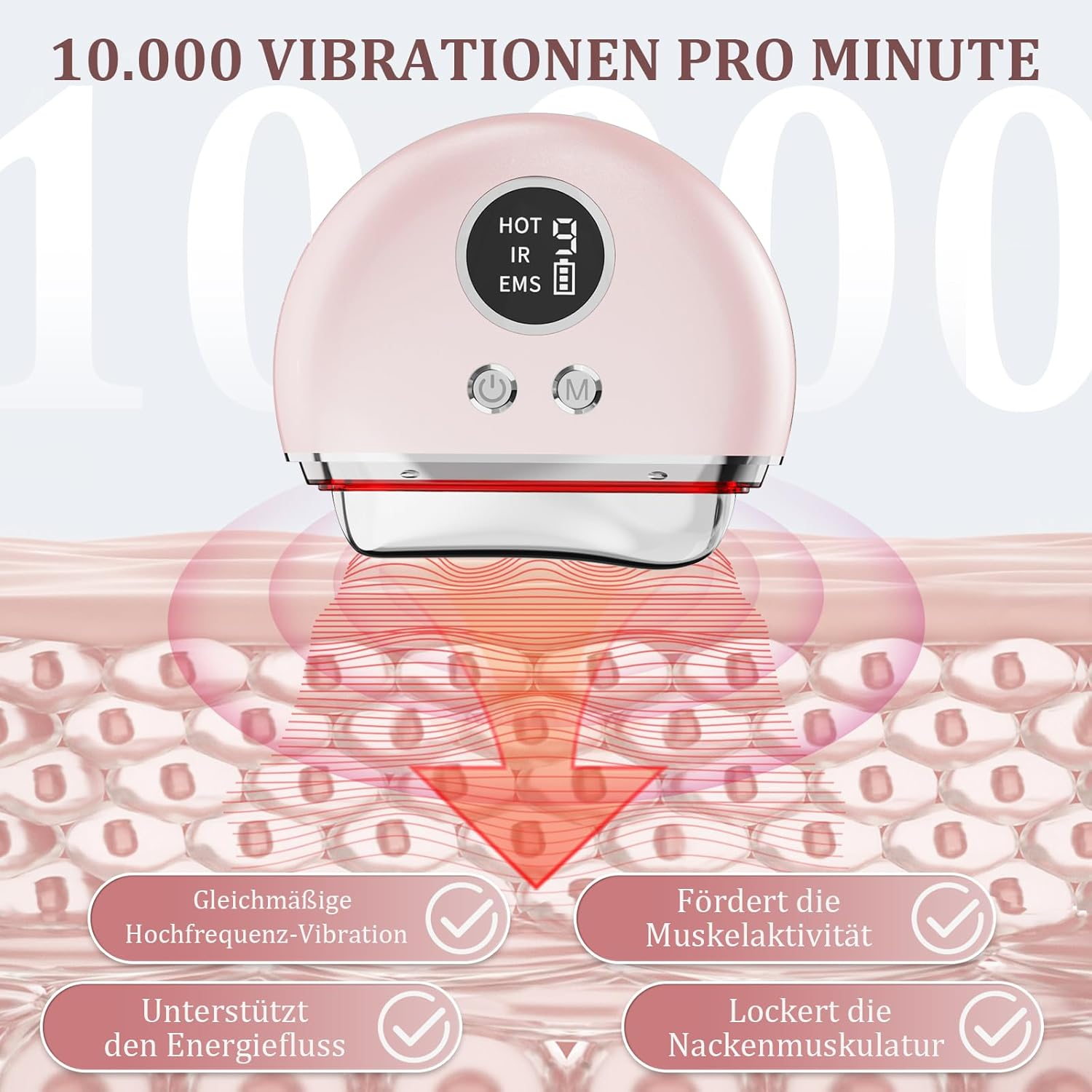 Ein rosa Massagegerät mit Anzeige, das Hautschichten stimuliert. Infoboxen beschreiben Vorteile.