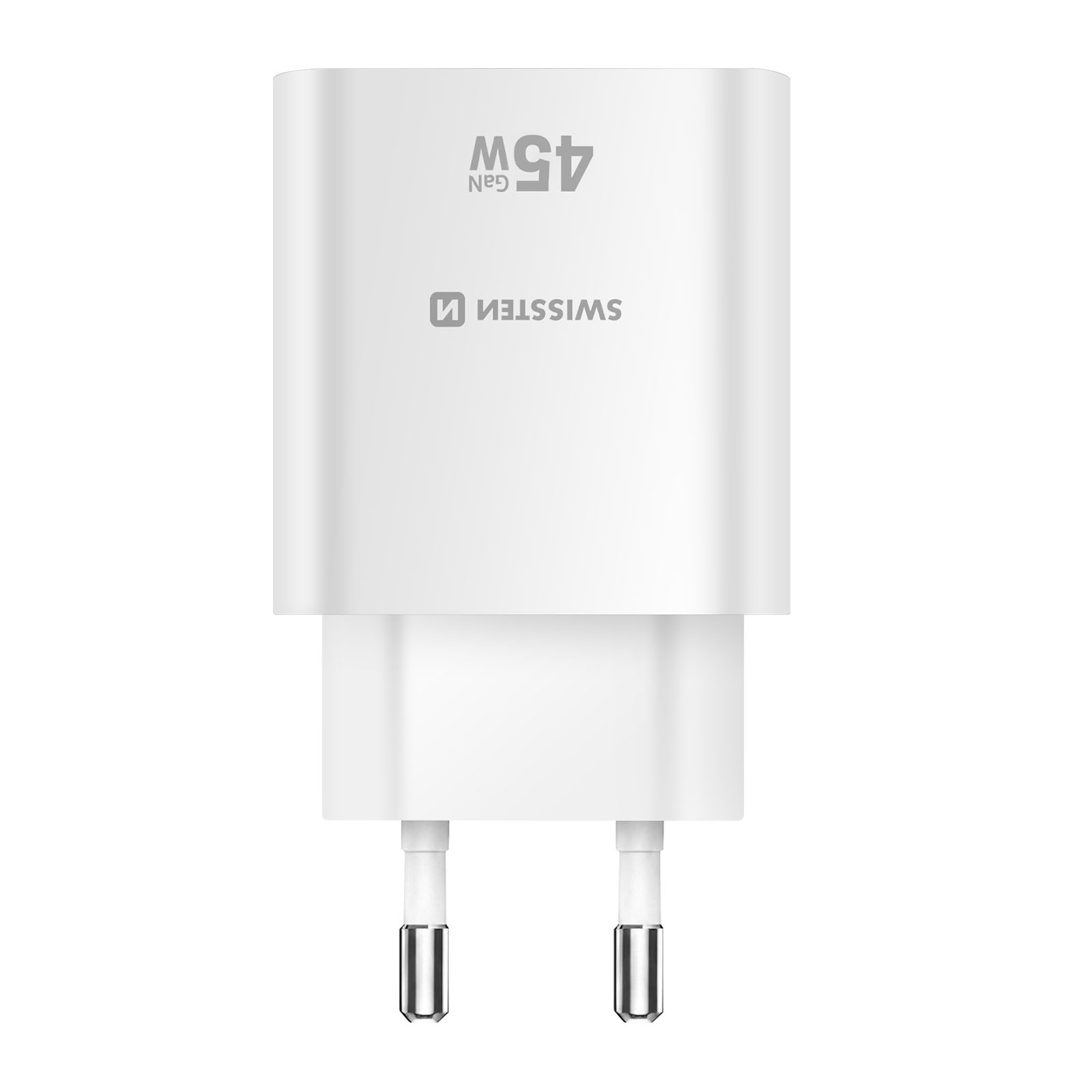 Ein weißer 45W GAN-Stecker von SWISSTECH mit zwei Metallstiften.