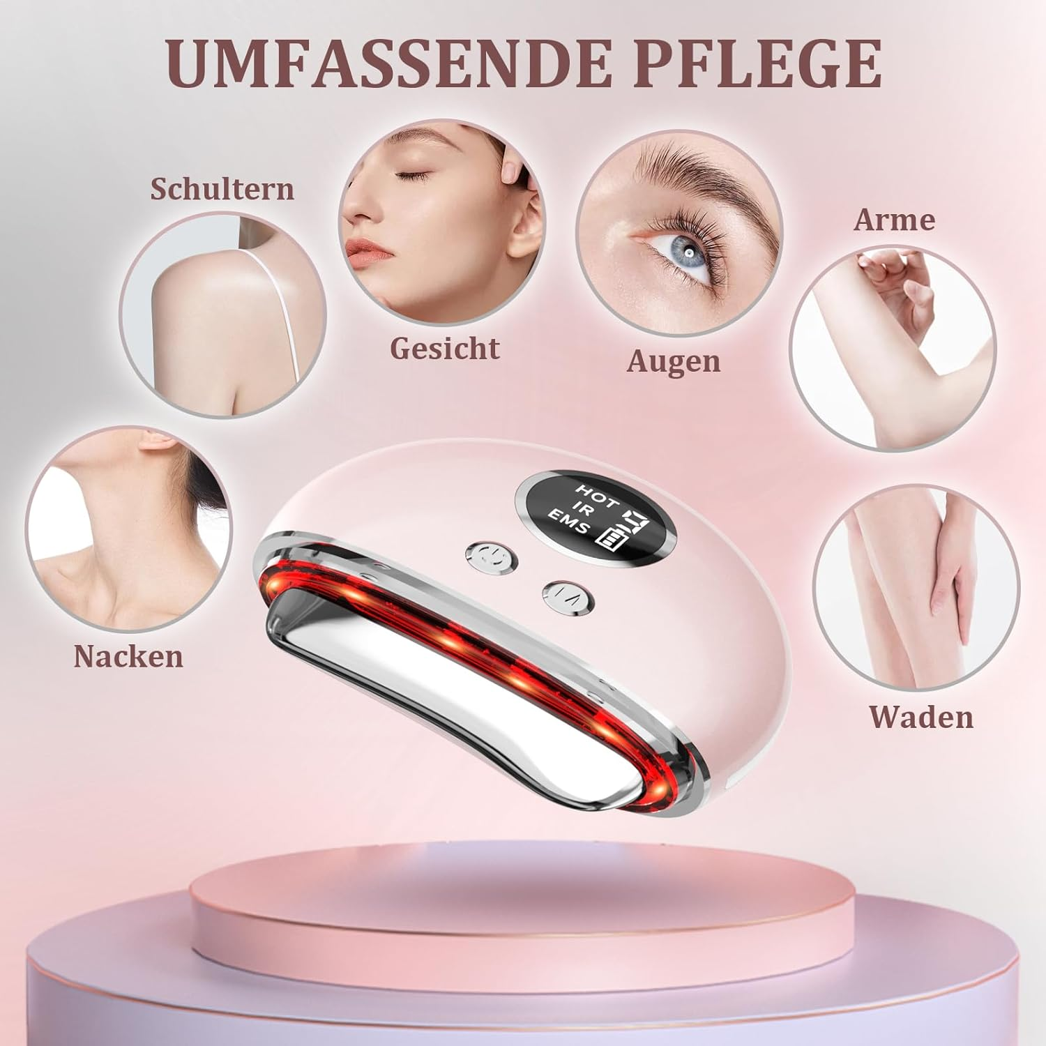 Rosa Gerät mit Kreisen von Körperteilen: Gesicht, Augen, Arme, Waden, Nacken, Schultern.