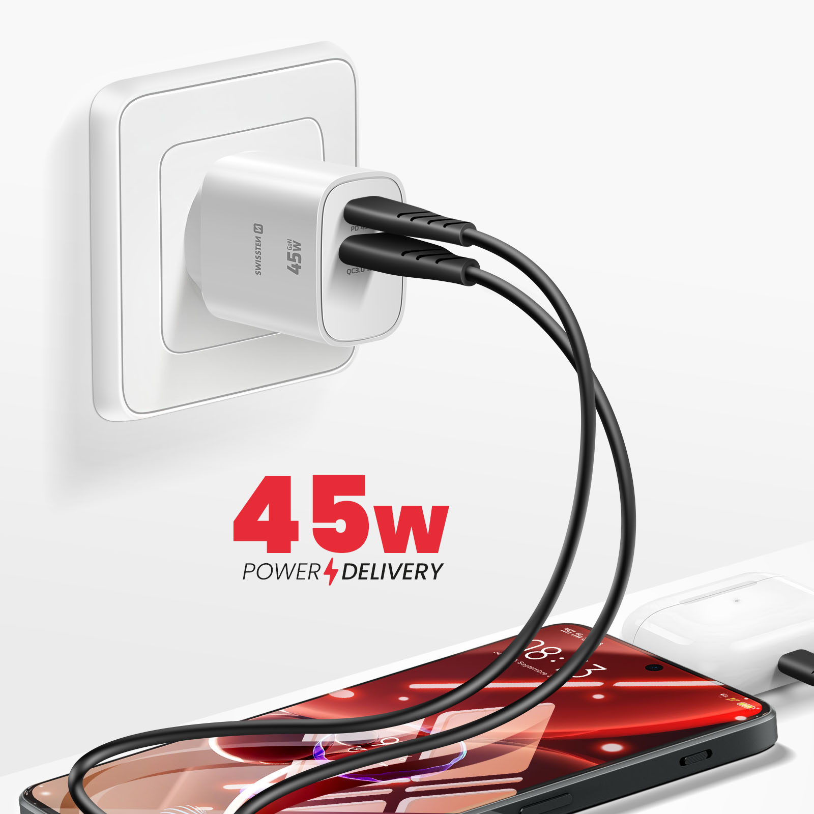 Ein weißer 45W Ladestecker mit zwei schwarzen Kabeln, die ein Smartphone laden.