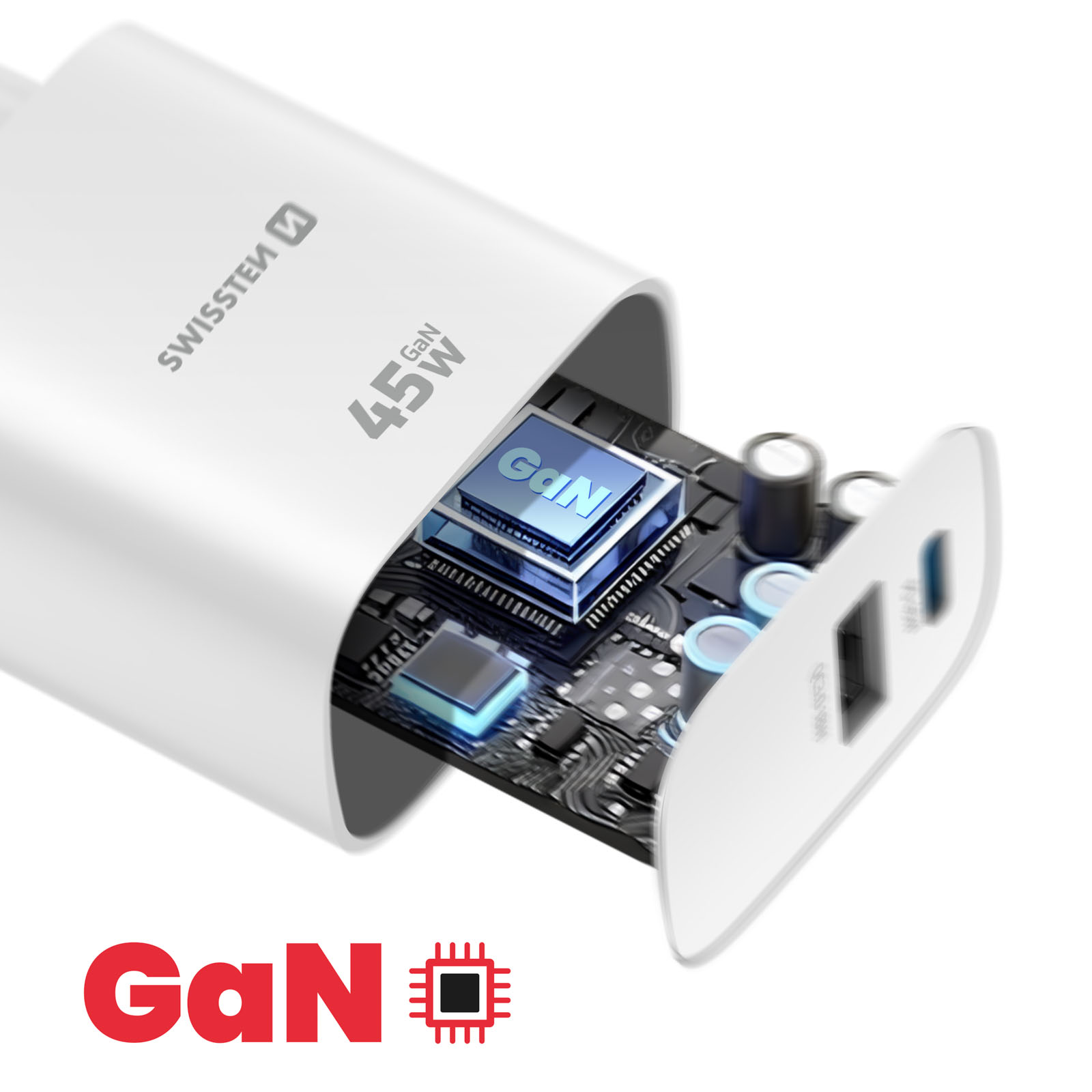 Ein weißes Ladegerät mit 45W GaN-Technologie, das geöffnet ist, um die Leiterplatte zu zeigen.