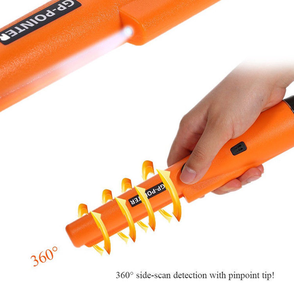Orange Metalldetektor mit 360°-Seitenscan und Pinpoint-Spitze.