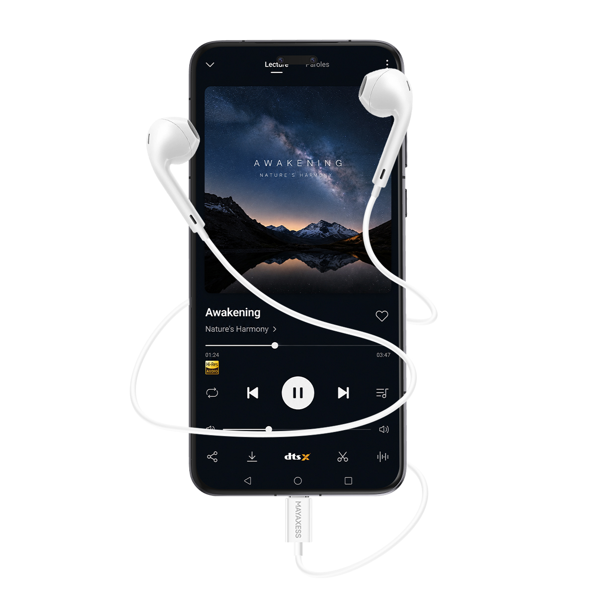 Uno smartphone con auricolari, che mostra la riproduzione musicale.