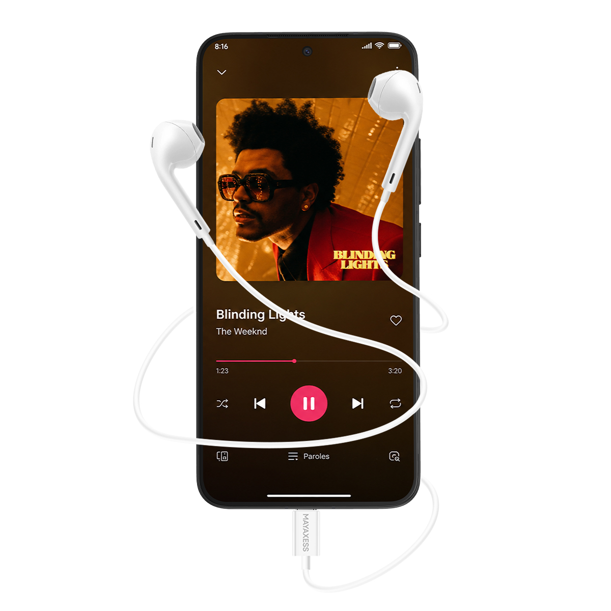 Uno smartphone con cuffie che riproduce musica. Mostra l'artista The Weeknd.