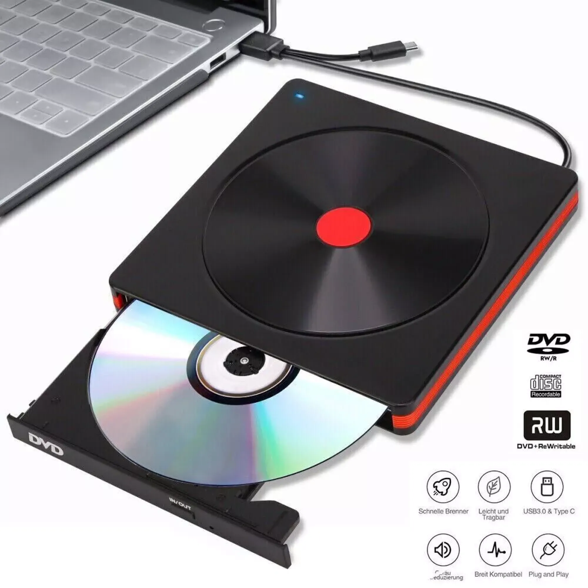 Schwarzer externer DVD-Brenner mit CD, USB 3.0 & Typ C.