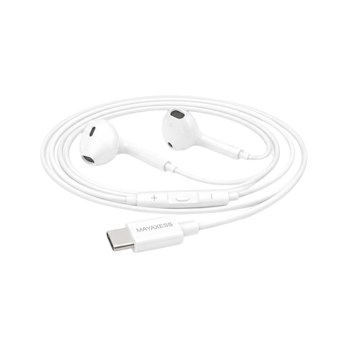 Auricolari bianchi in-ear con connettore USB-C e telecomando in linea.