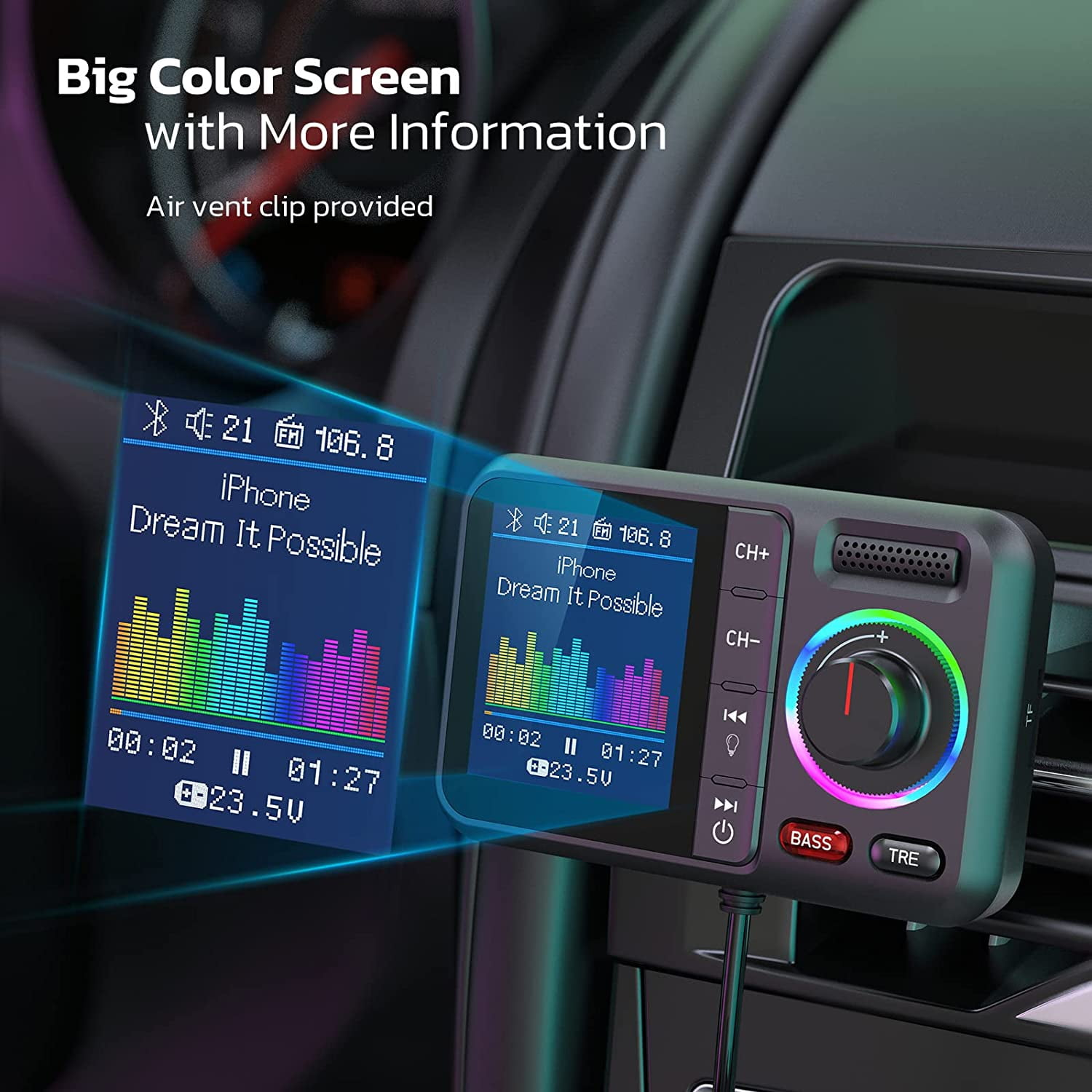 Ein Auto-FM-Sender mit Farbdisplay, zeigt Musiktitel und Equalizer.
