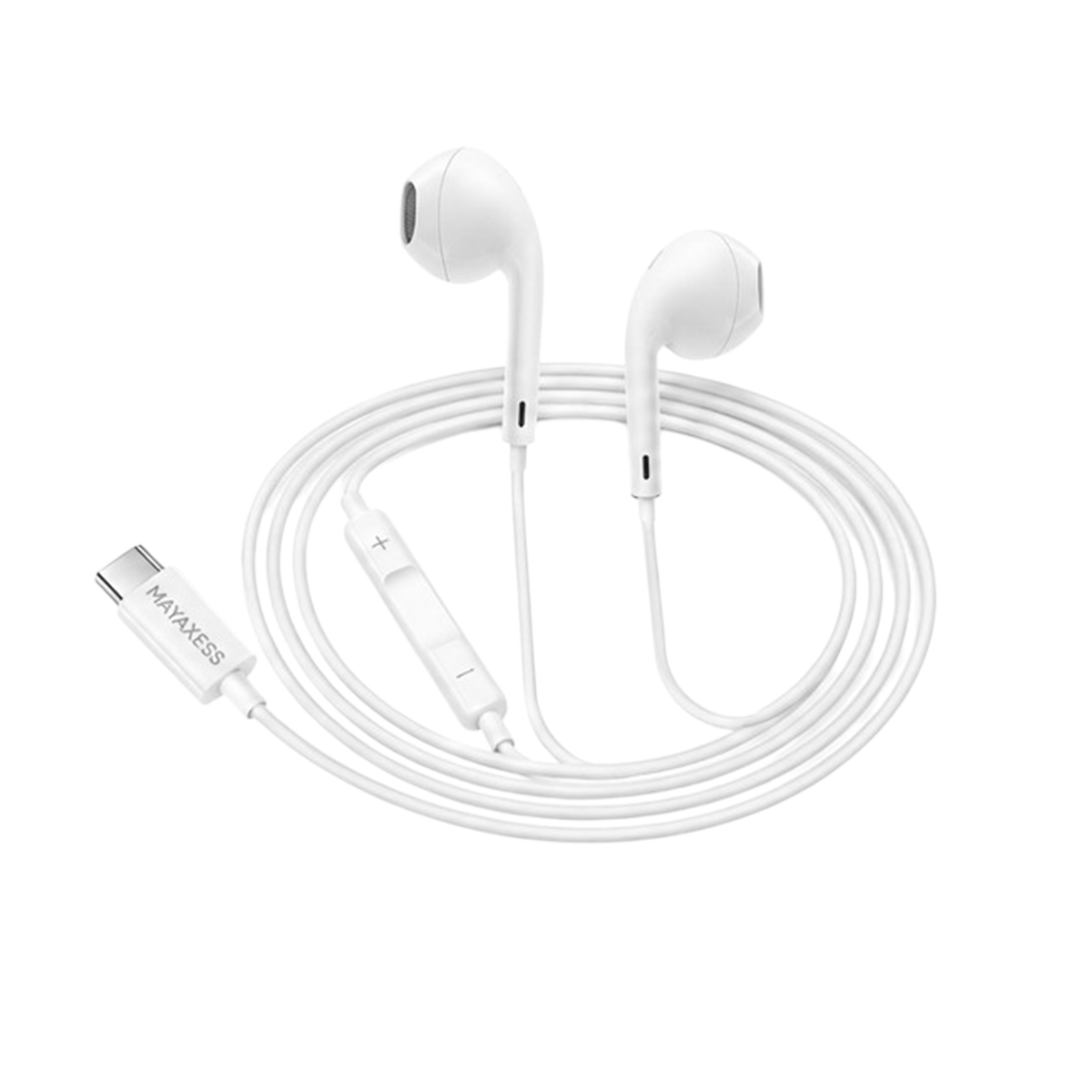 Auricolari bianchi con connettore USB-C e telecomando in linea.