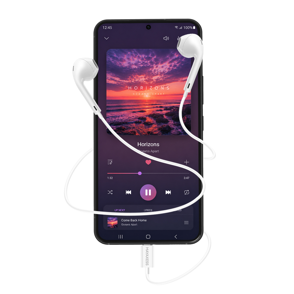 Uno smartphone con auricolari riproduce musica. Lo schermo mostra la copertina di un album al tramonto.
