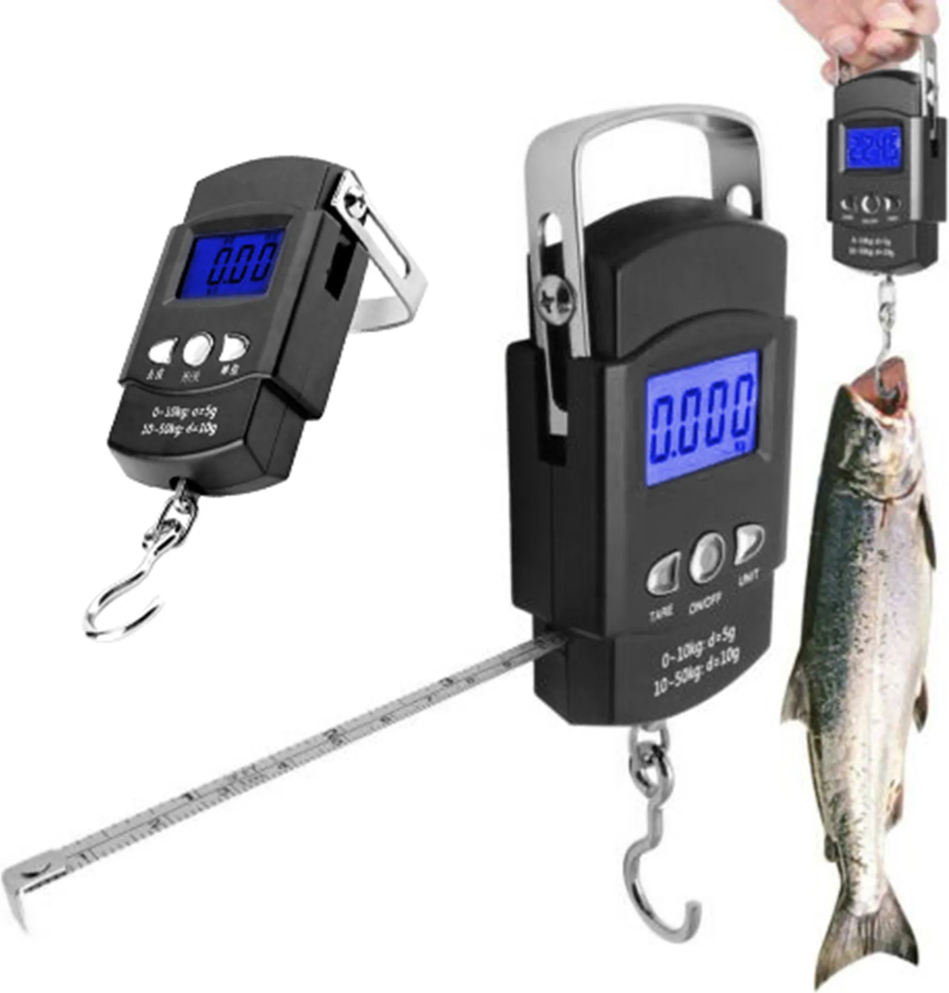 Schwarze digitale Waage mit einem Fisch, der daran hängt.