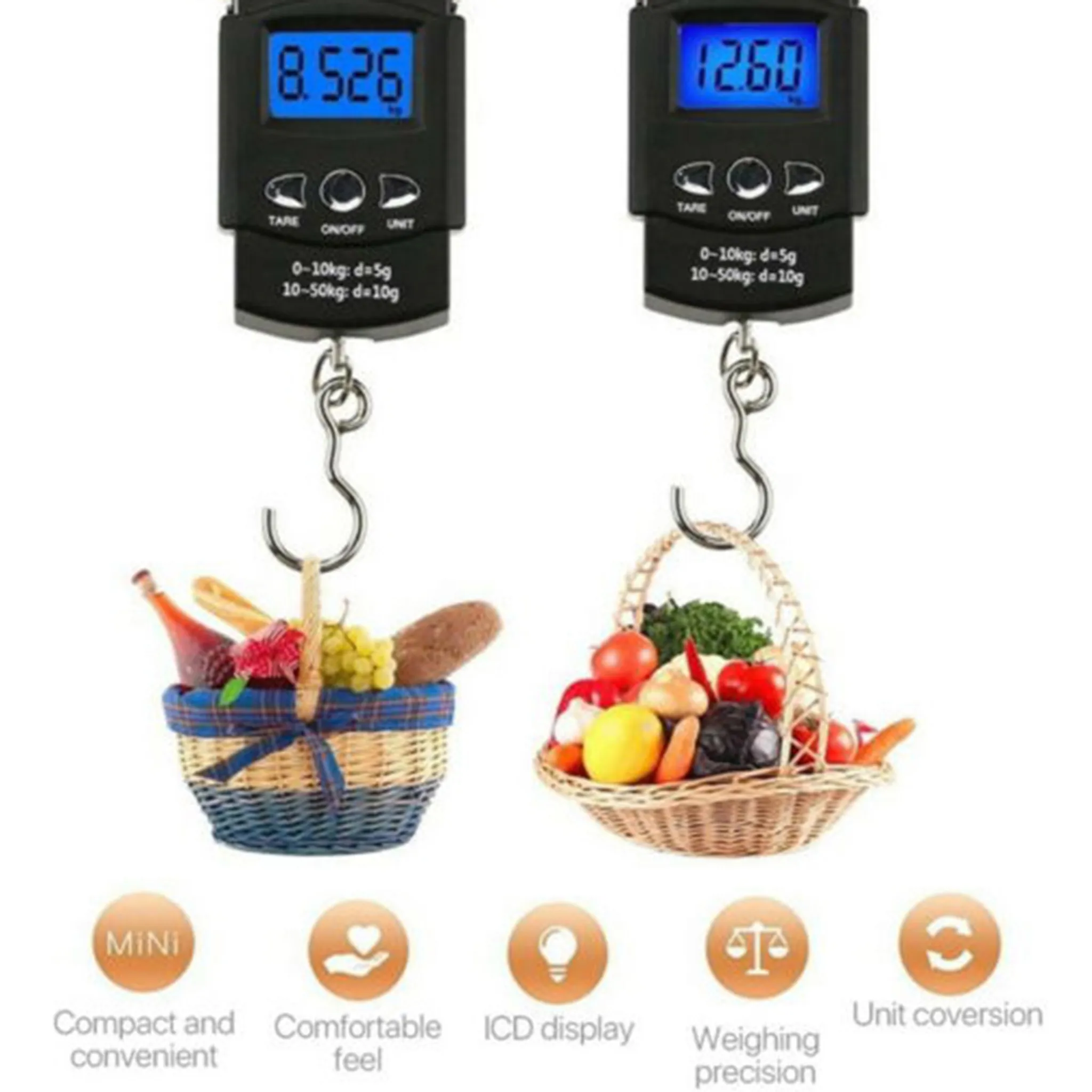 Zwei digitale Hängewaagen mit Obst- und Gemüsekorb darunter.