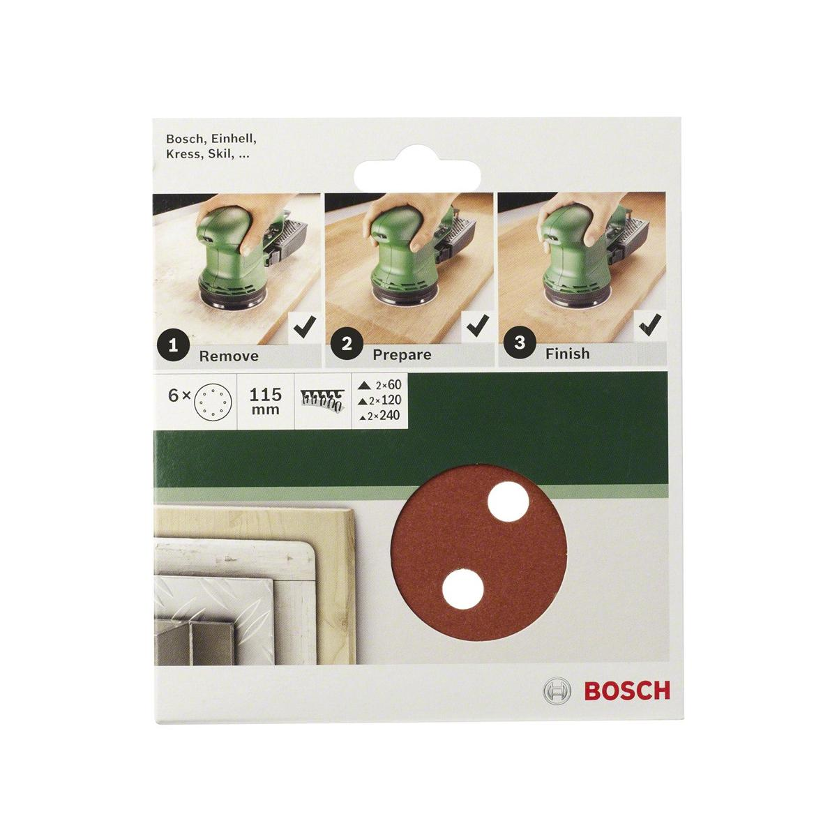 Bosch Schleifscheiben-Verpackung zeigt 3 Schritte: Entfernen, Vorbereiten, Fertigstellen. Enthält 6x 115mm Scheiben.
