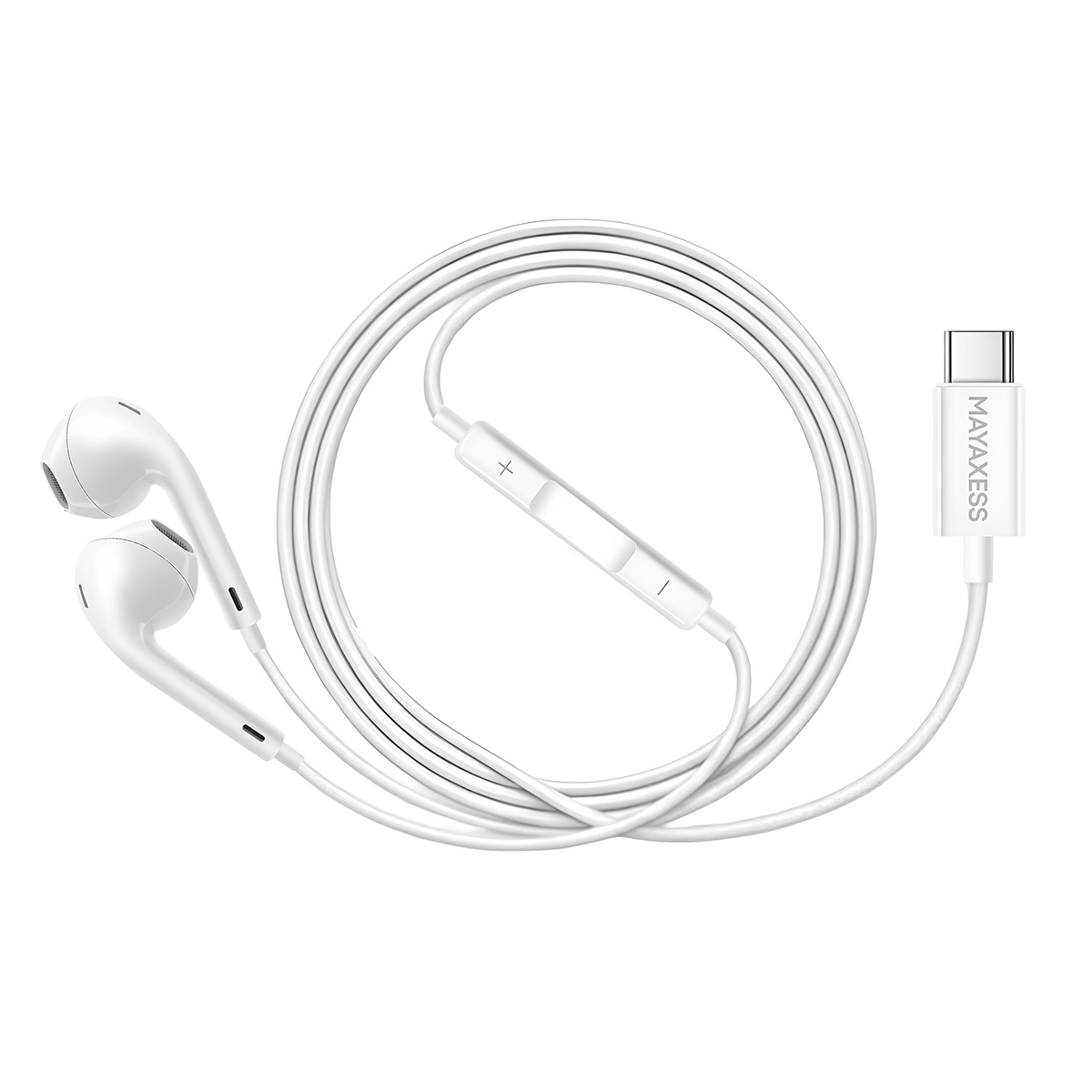 Auricolari bianchi con connettore USB-C e controlli del volume in linea.