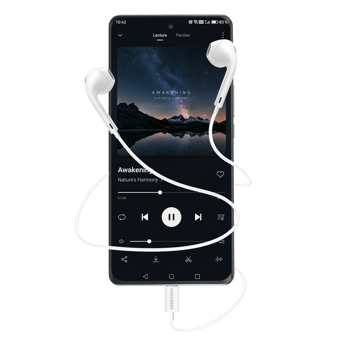 Smartphone riproduce musica con auricolari bianchi. Lo schermo mostra immagine paesaggio e controlli riproduzione.