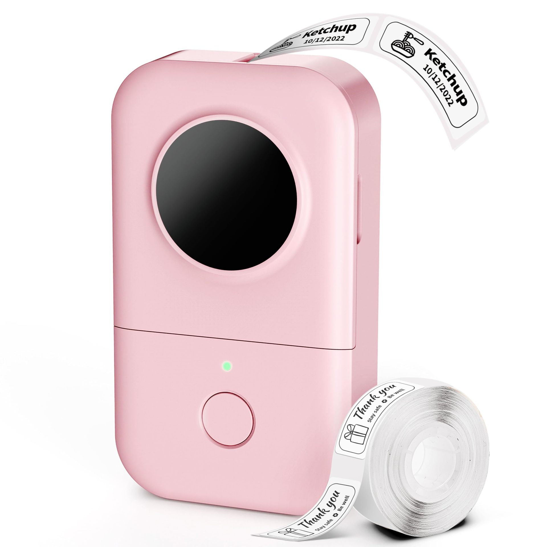 Ein rosa Drucker druckt Etiketten mit 'Ketchup' und 'Danke'.