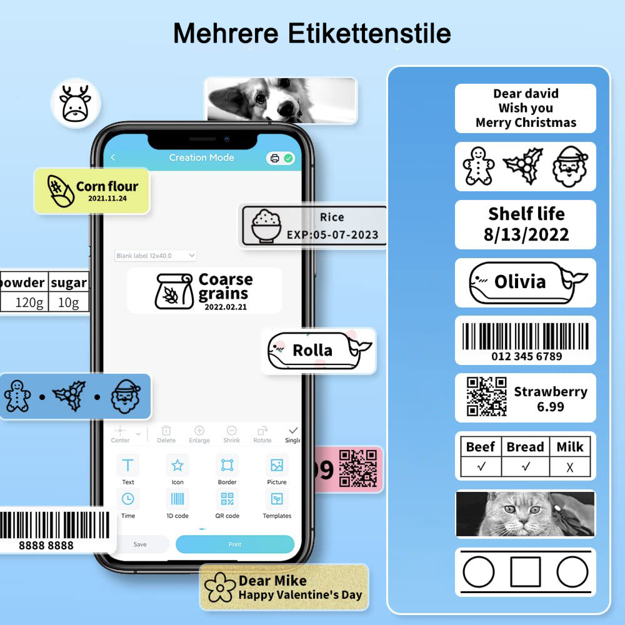 Ein Smartphone zeigt Etiketten-Design-Optionen. Verschiedene Etiketten sind abgebildet.