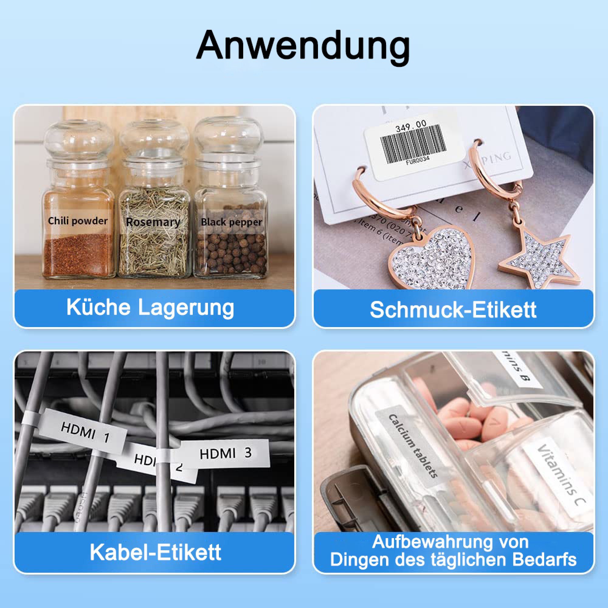 Vier Beispiele für Etikettieranwendungen: Küche, Schmuck, Kabel und Medikamente.