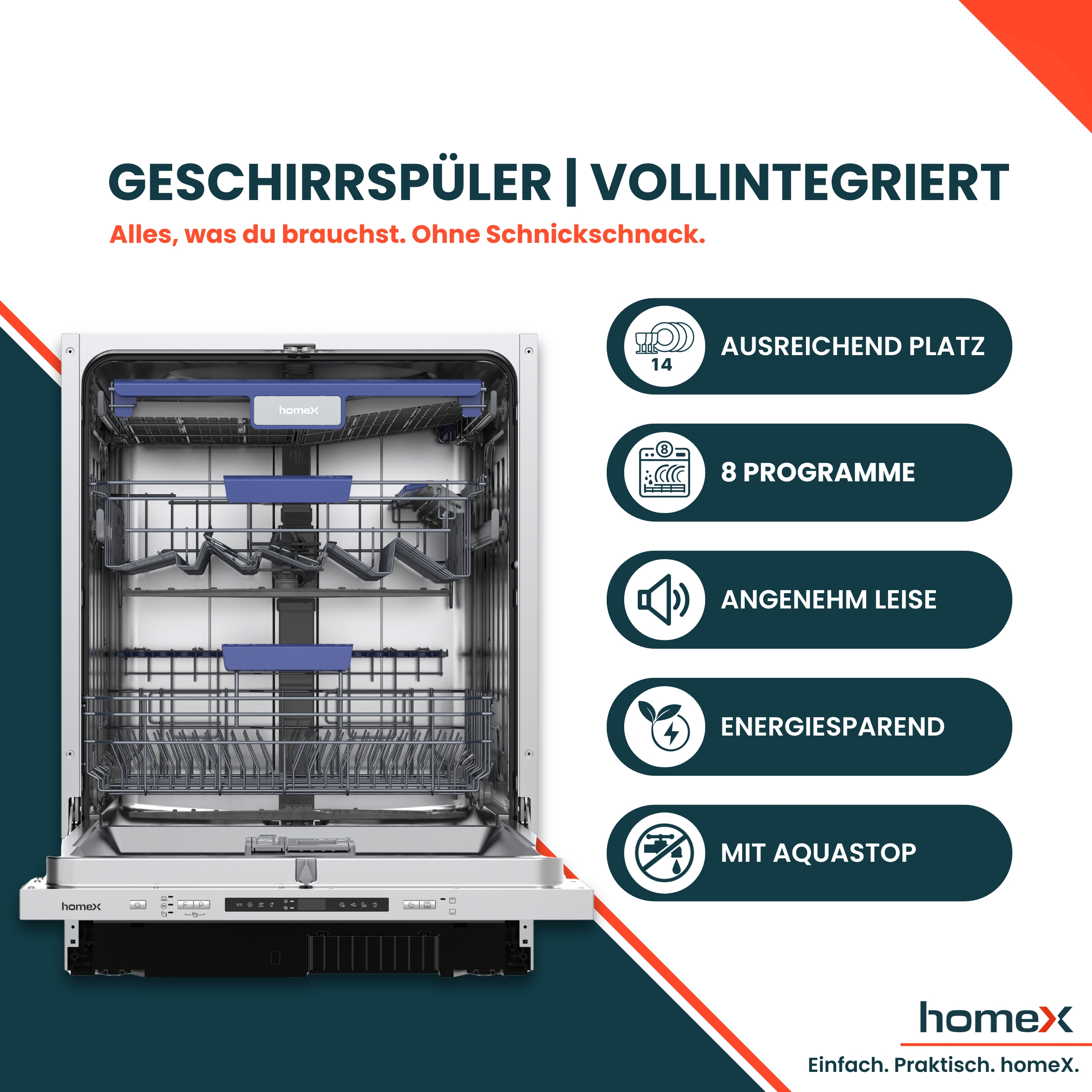 Ein vollintegrierter Geschirrspüler mit 14 Maßgedecken, 8 Programmen und Aquastop.