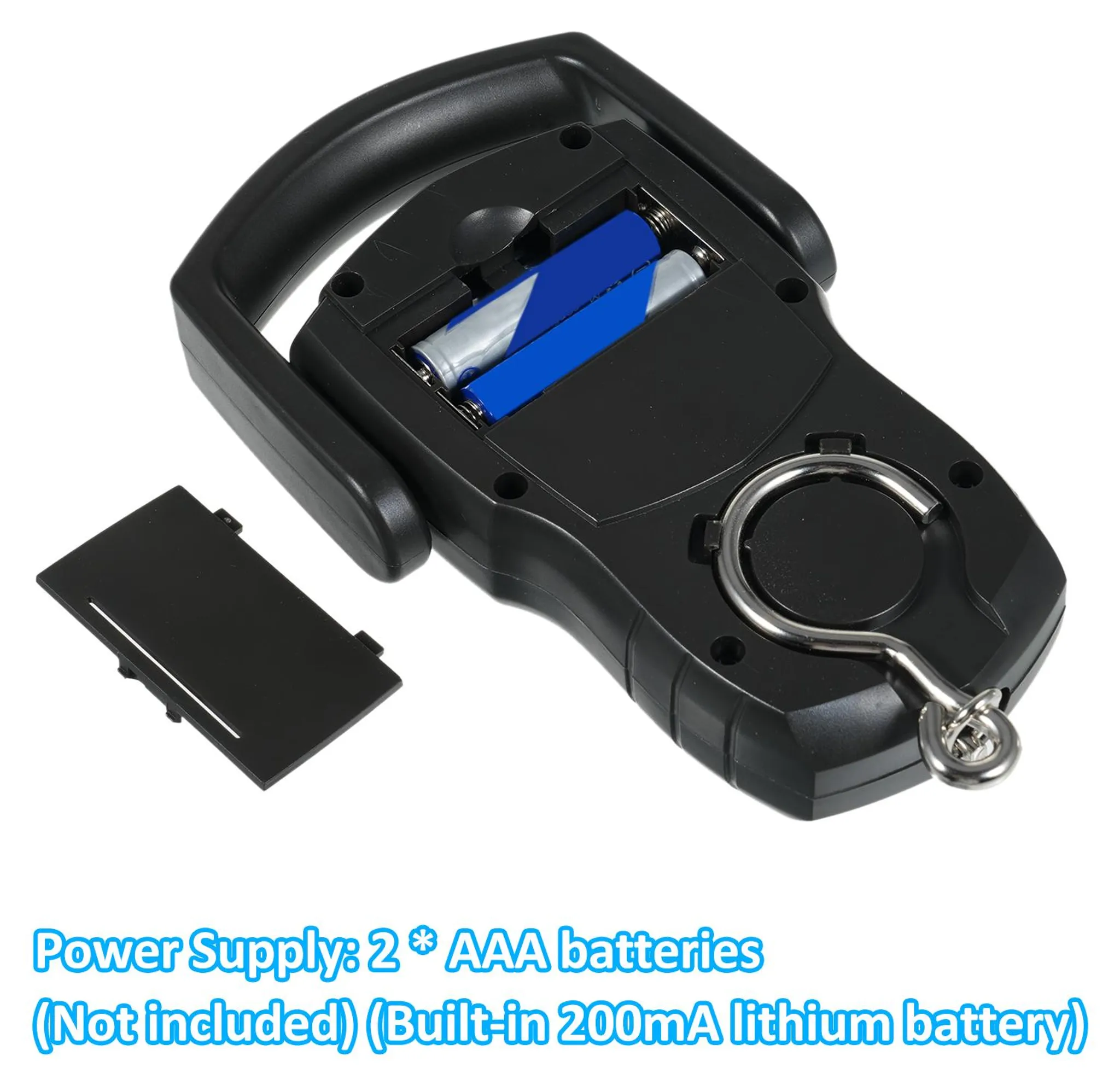 Schwarze Waage mit Batteriefach offen, 2 AAA-Batterien sichtbar.