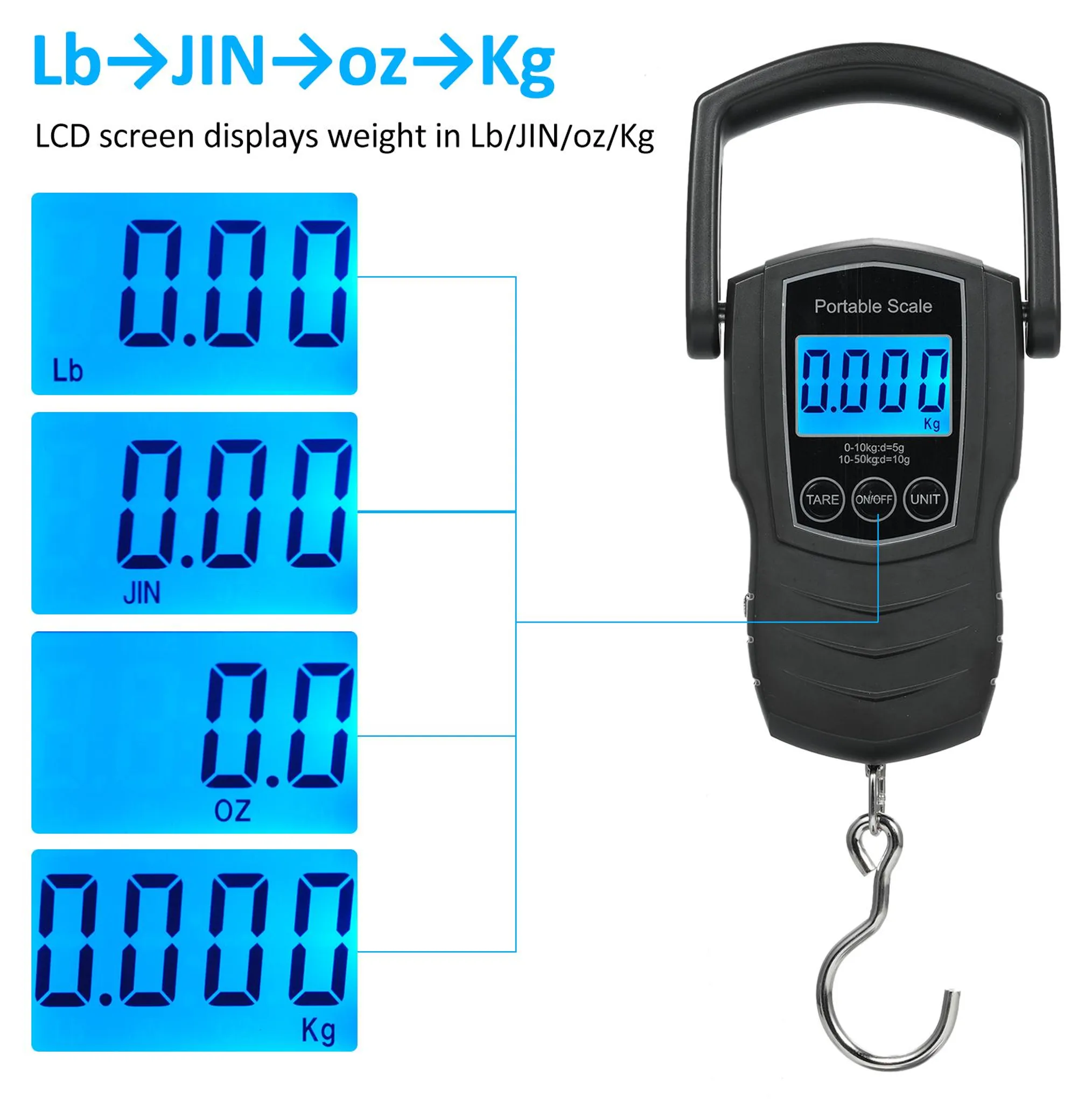 Digitale Waage mit Griff, zeigt 0,00 in Lb, JIN, OZ und KG an.