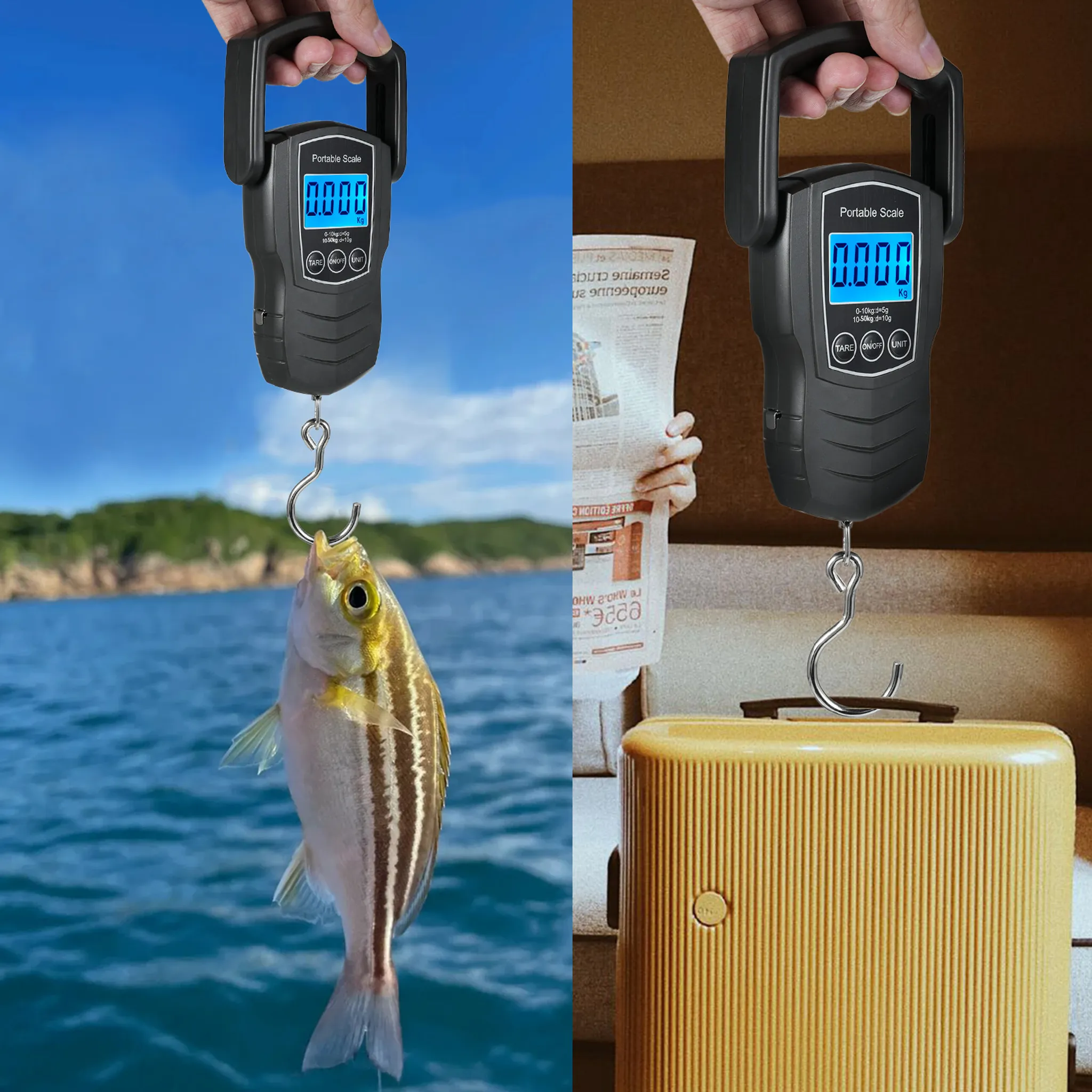 Eine Hand hält eine Waage, die einen Fisch über dem Wasser und einen Koffer wiegt.