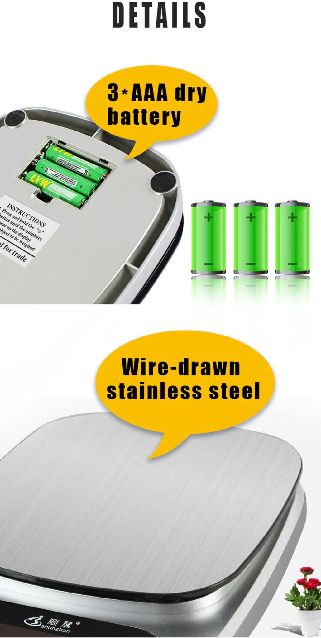 Details digitale Waage: Batteriefach mit 3 AAA-Batterien und Oberfläche aus drahtgezogenem Edelstahl.