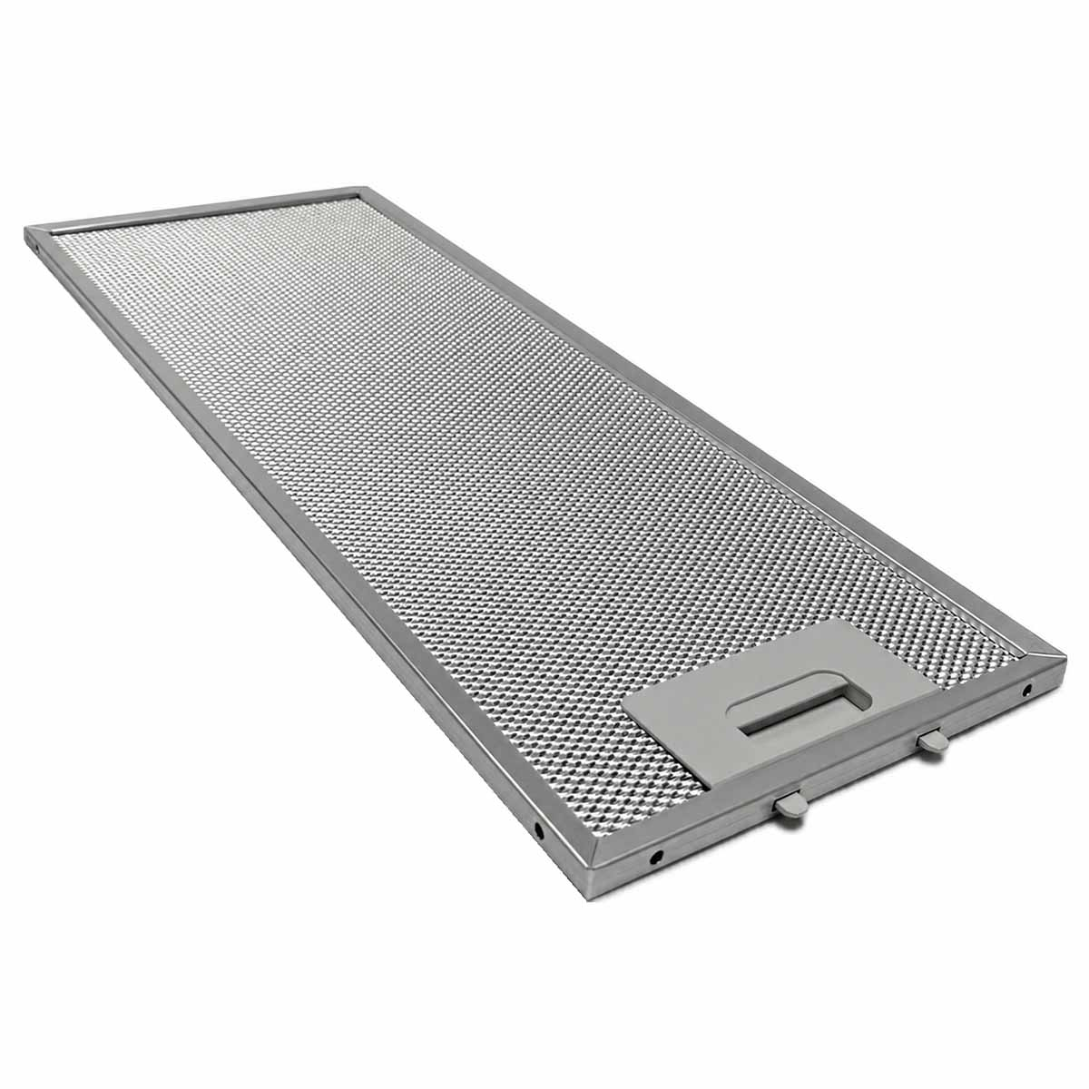 Ein rechteckiger Dunstabzugshaubenfilter aus Metall mit silbernem Rahmen und Gitter.
