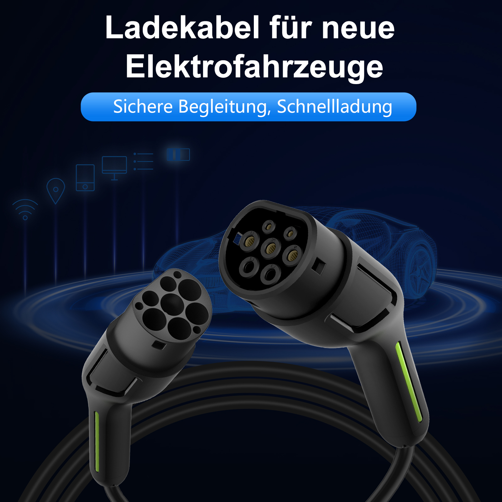 Ladekabel für Elektroautos mit zwei Steckern, Ladeanzeige und Auto-Umriss.