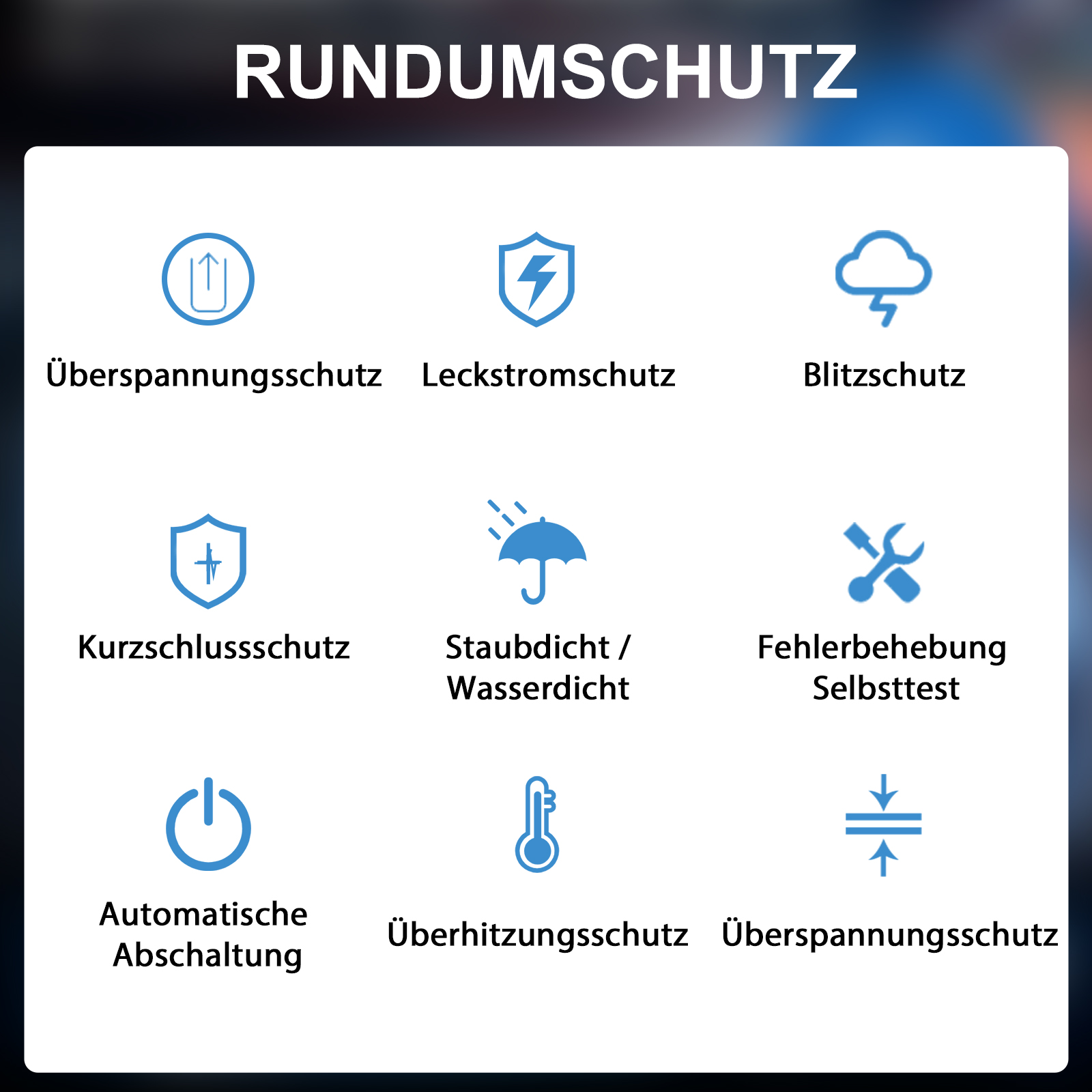 Symbole für Überspannungsschutz, Leckstrom-, Blitzschutz, Kurzschluss, Staub-/Wasserdichtigkeit, Fehlerbehebung, automatische Abschaltung, Überhitzung.