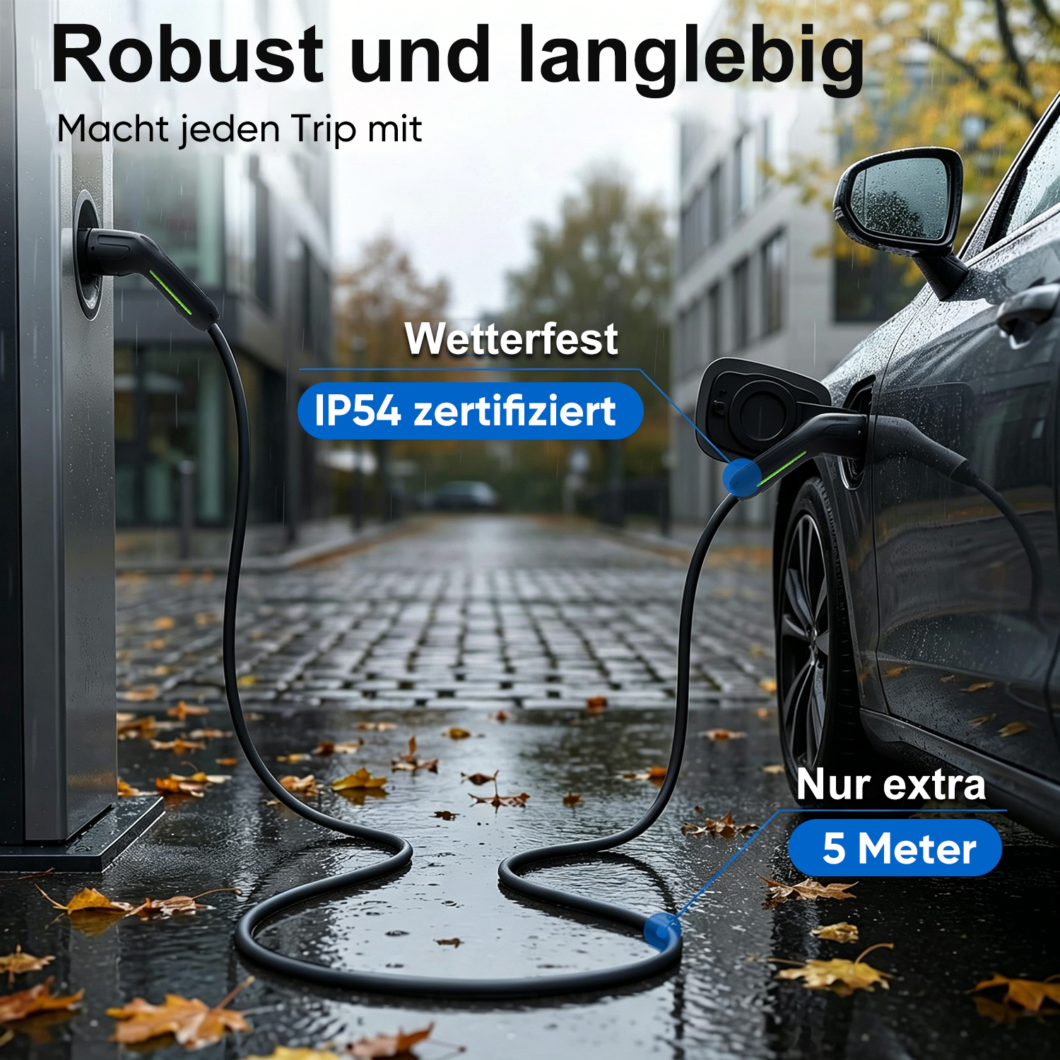 Ein Ladekabel verbindet eine Ladestation mit einem Auto auf nasser Straße.