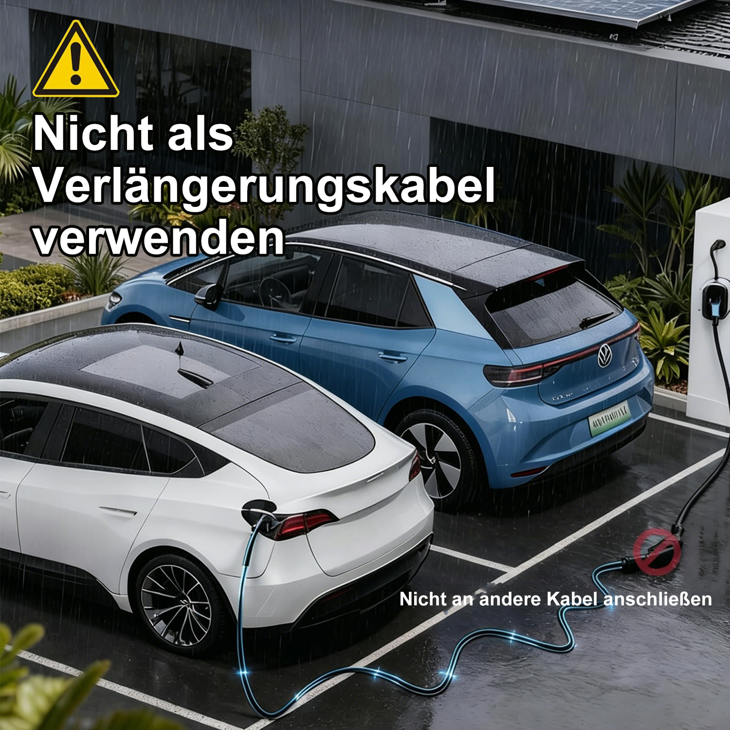 Zwei Elektroautos werden bei Regen geladen. Ein Warnschild weist darauf hin, Kabel nicht als Verlängerung zu nutzen.