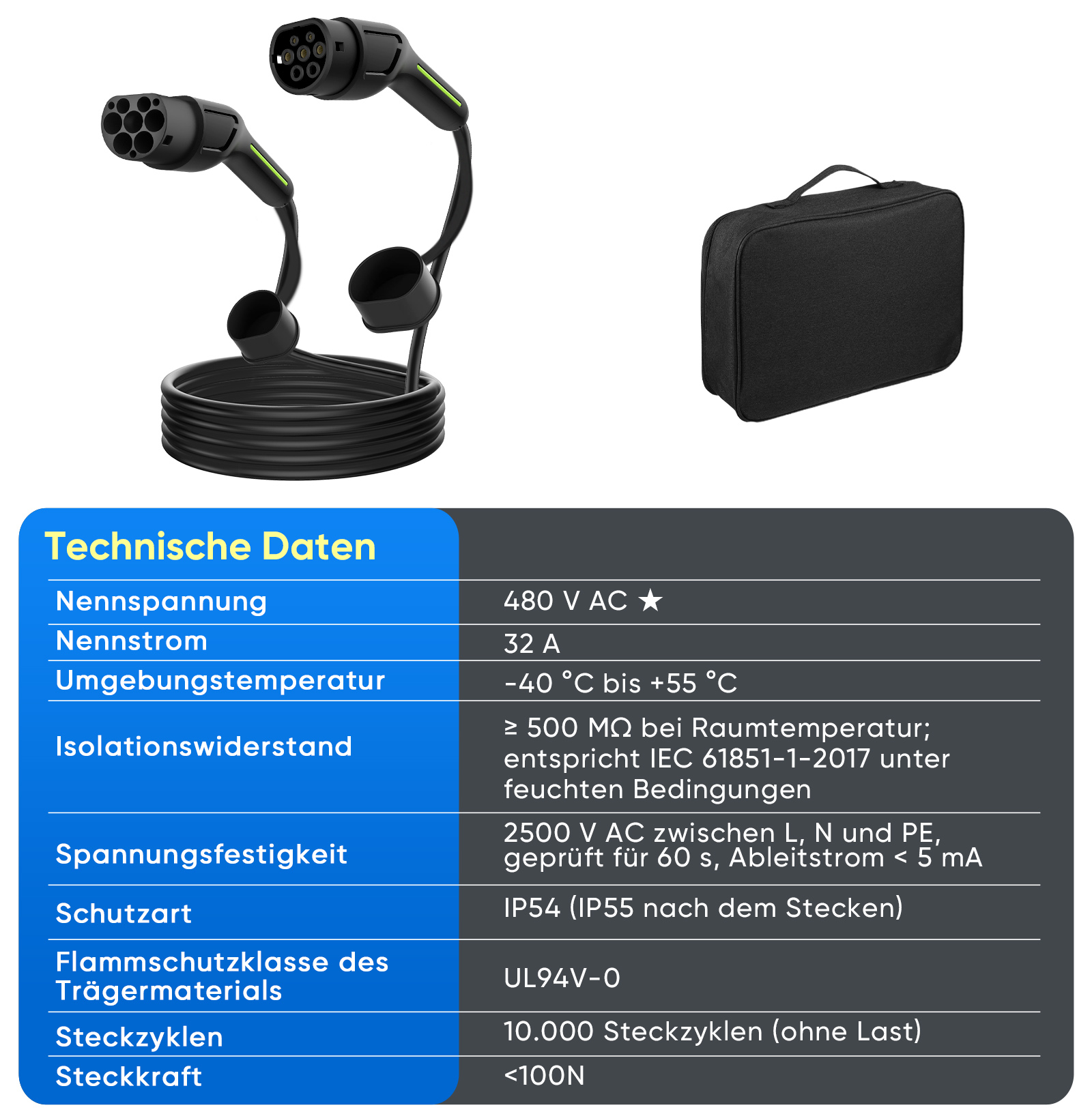 Schwarzes EV-Ladekabel mit zwei Steckern und einer Tragetasche. Technische Daten aufgeführt.