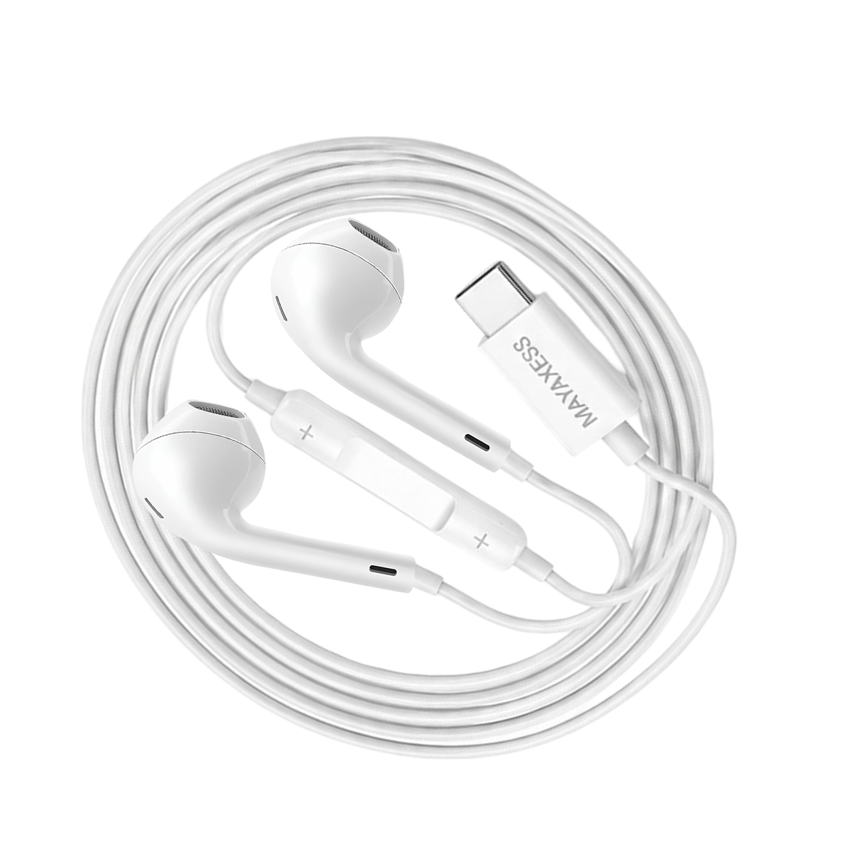 Auricolari bianchi in-ear con connettore USB-C e telecomando in linea.