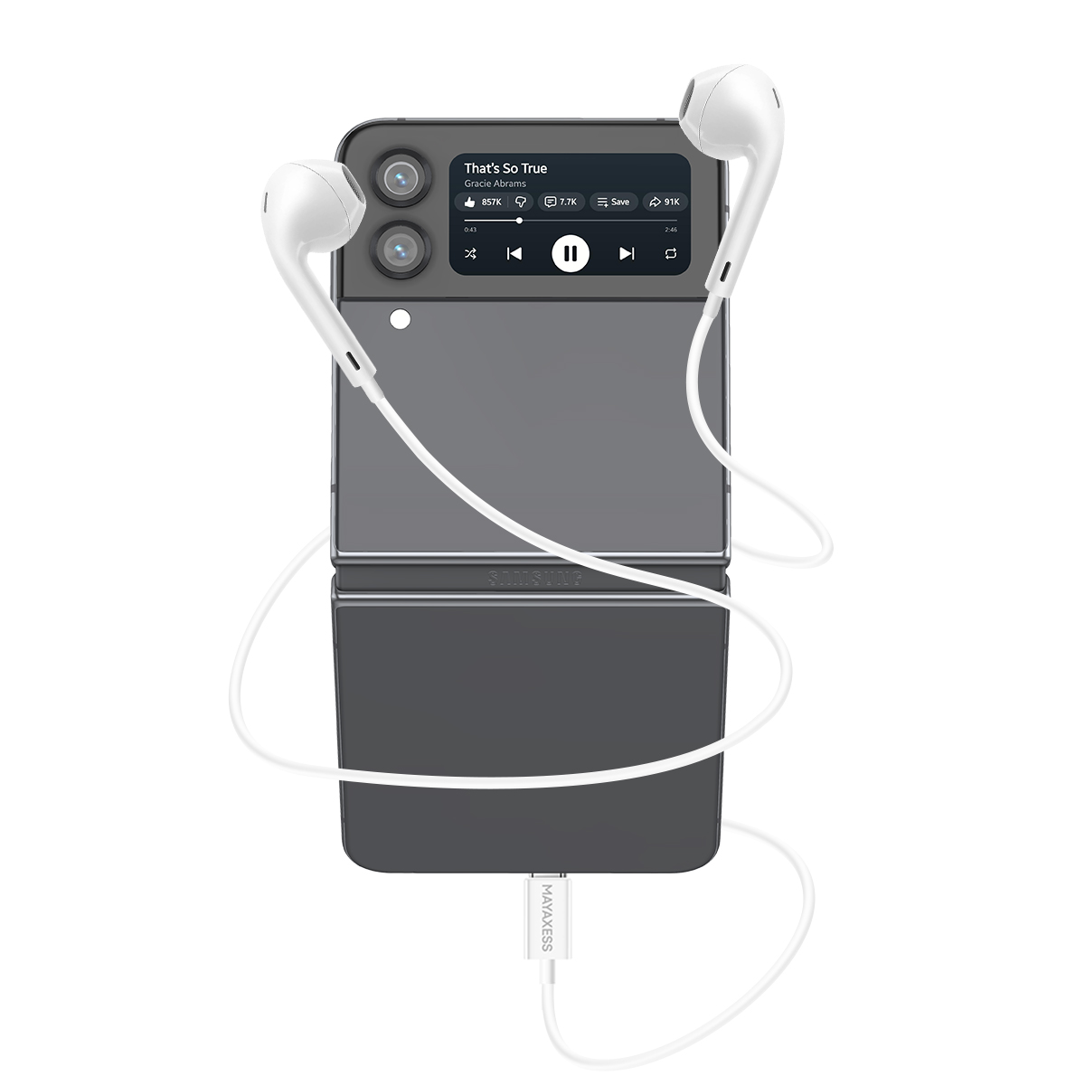 Un telefono flip grigio con auricolari e app musicale sullo schermo.