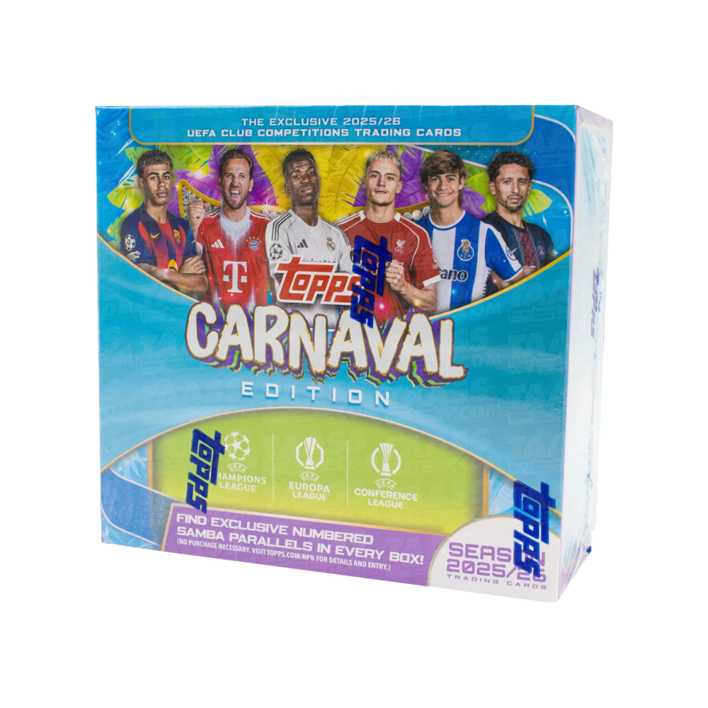 Topps Carnaval Edition 2025/26 UEFA Sammelkarten-Box mit fünf Fußballern.
