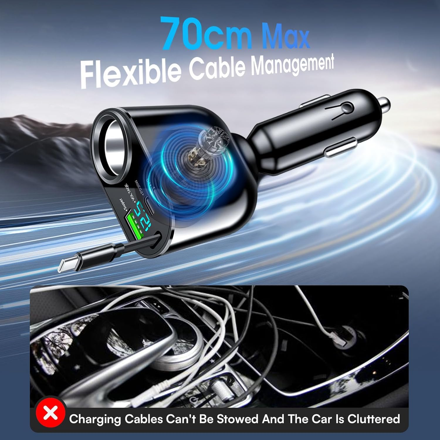 Schwarzer Autoladegerät-Adapter mit digitaler Anzeige und USB-C-Kabel. Unten chaotische Kabel in einem Auto.