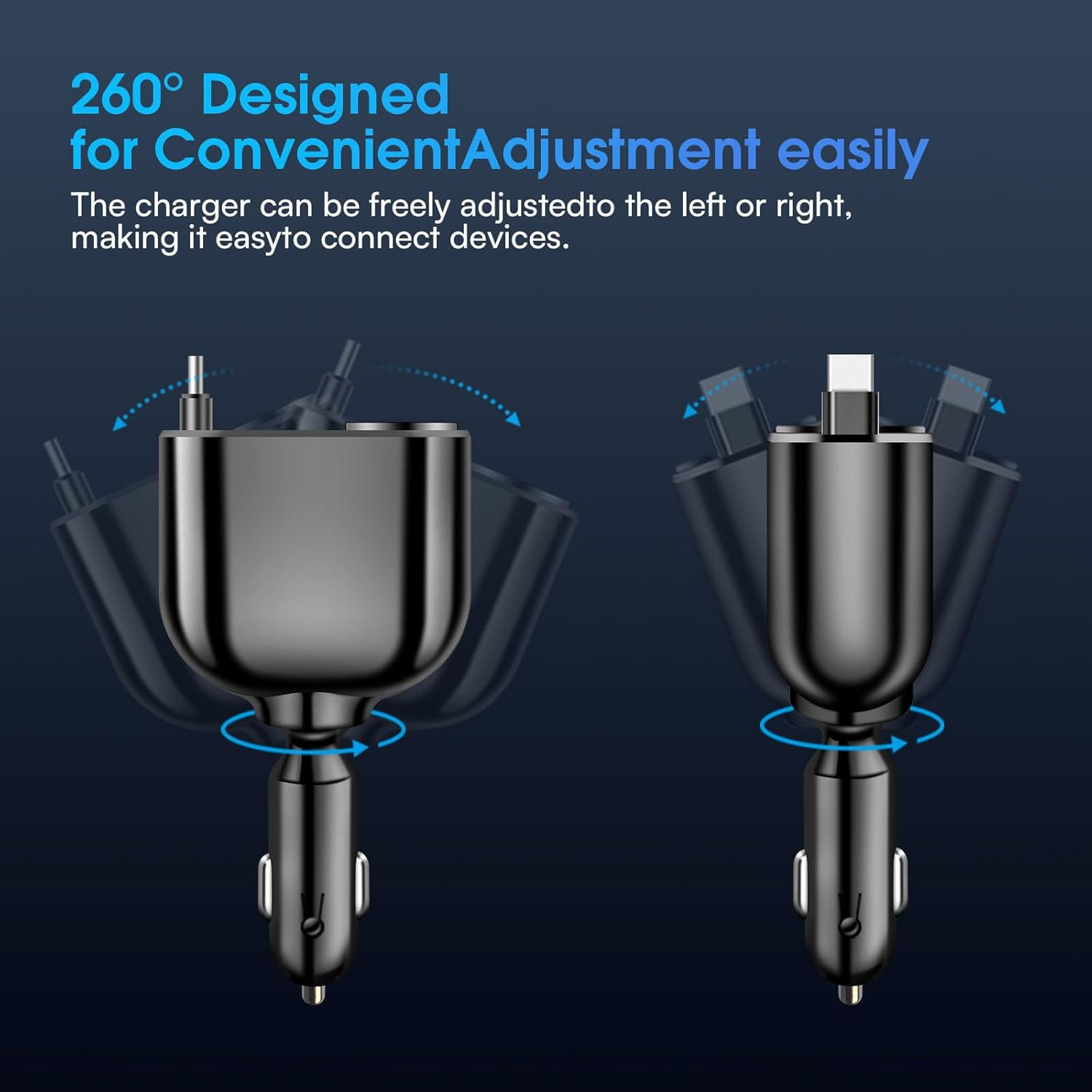 Schwarzer Autoladegerät-Adapter mit drehbarem Kopf und USB-C-Anschluss.