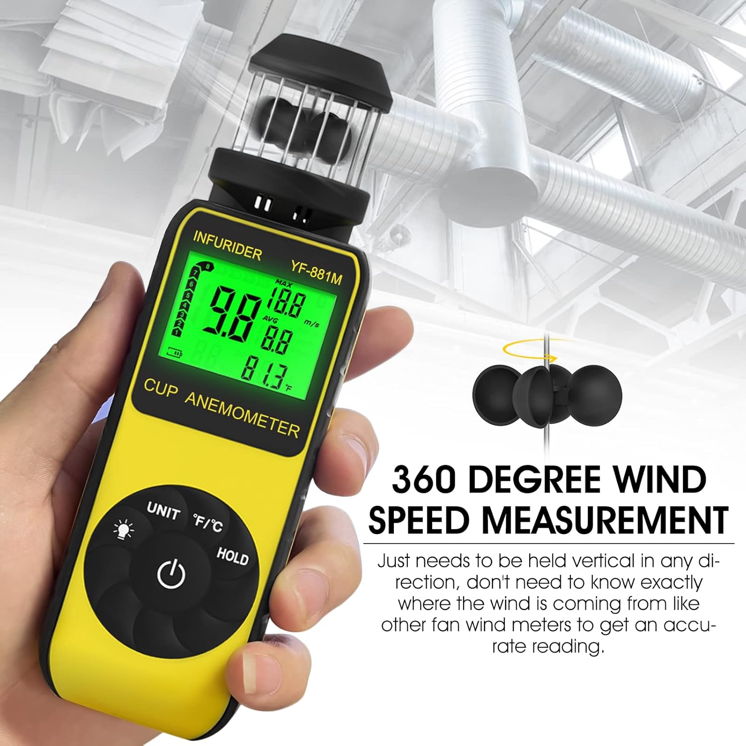 Gelbe Tasse-Anemometer misst Windgeschwindigkeit. Lüftungskanäle im Hintergrund.