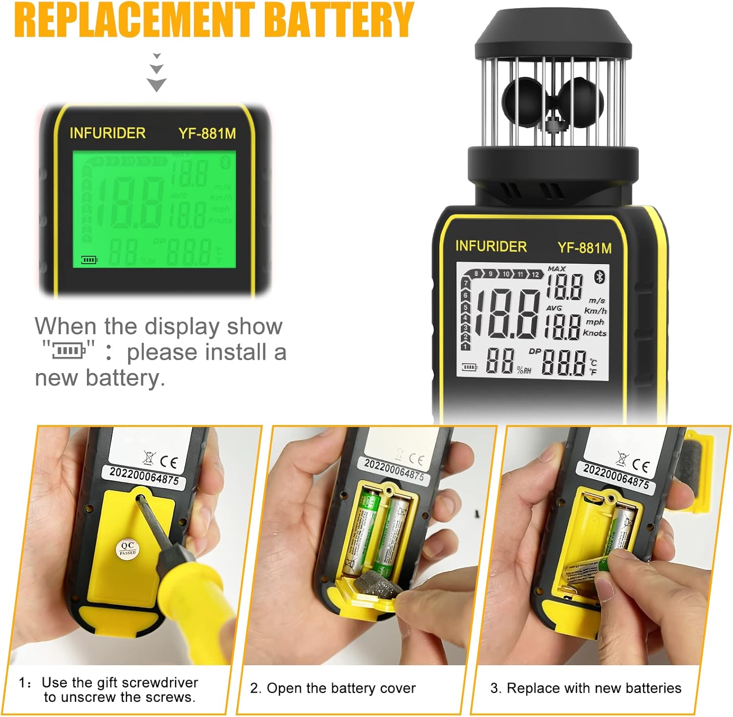 Anleitung zum Batteriewechsel eines Infurider YF-881M Anemometers.