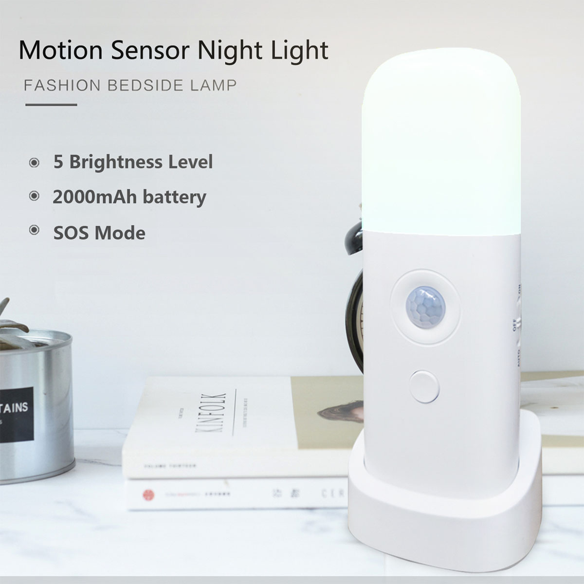 Weiße Nachttischlampe mit Bewegungssensor, 5 Helligkeitsstufen, 2000mAh Akku.