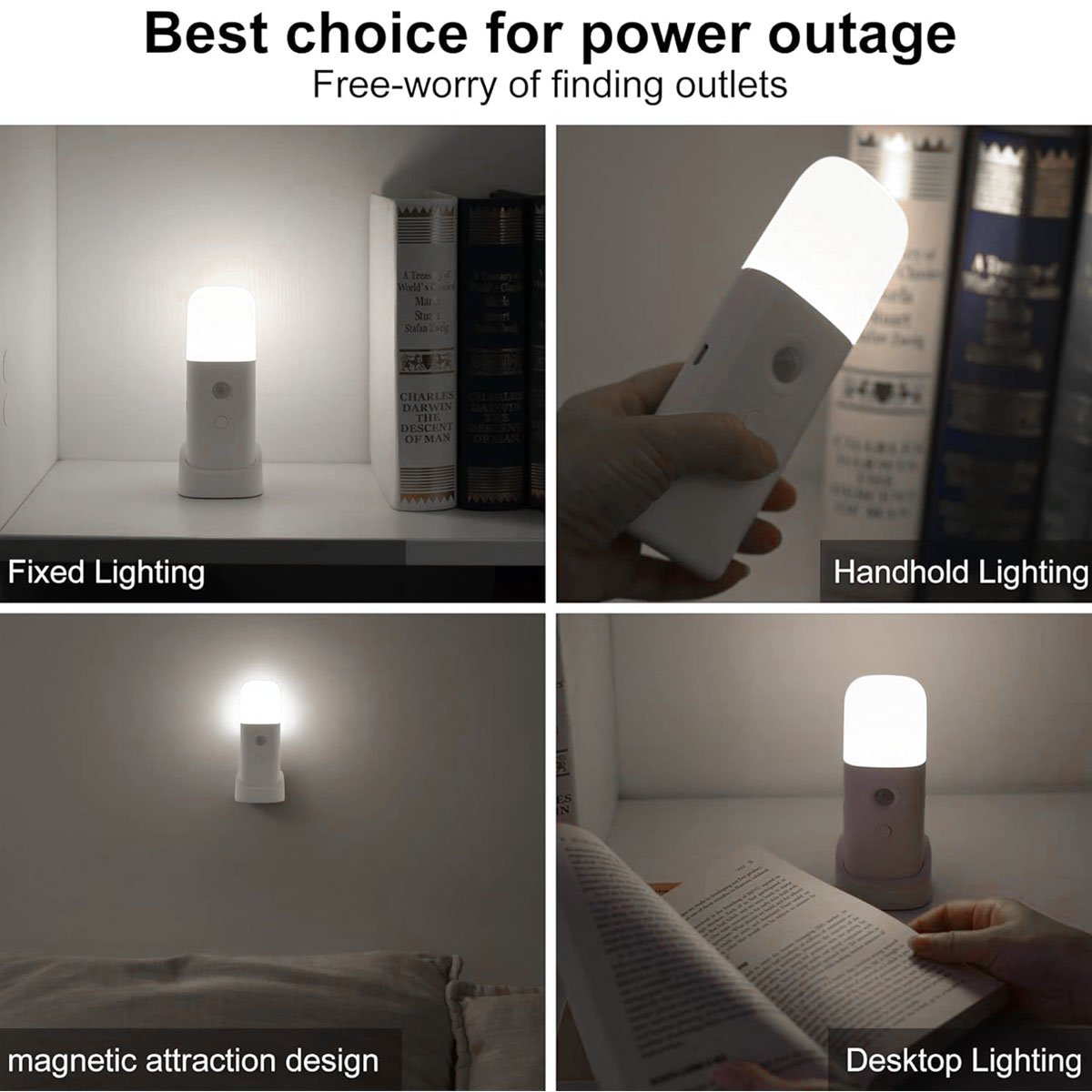 Vier Szenen zeigen eine weiße Lampe in verschiedenen Beleuchtungsszenarien.