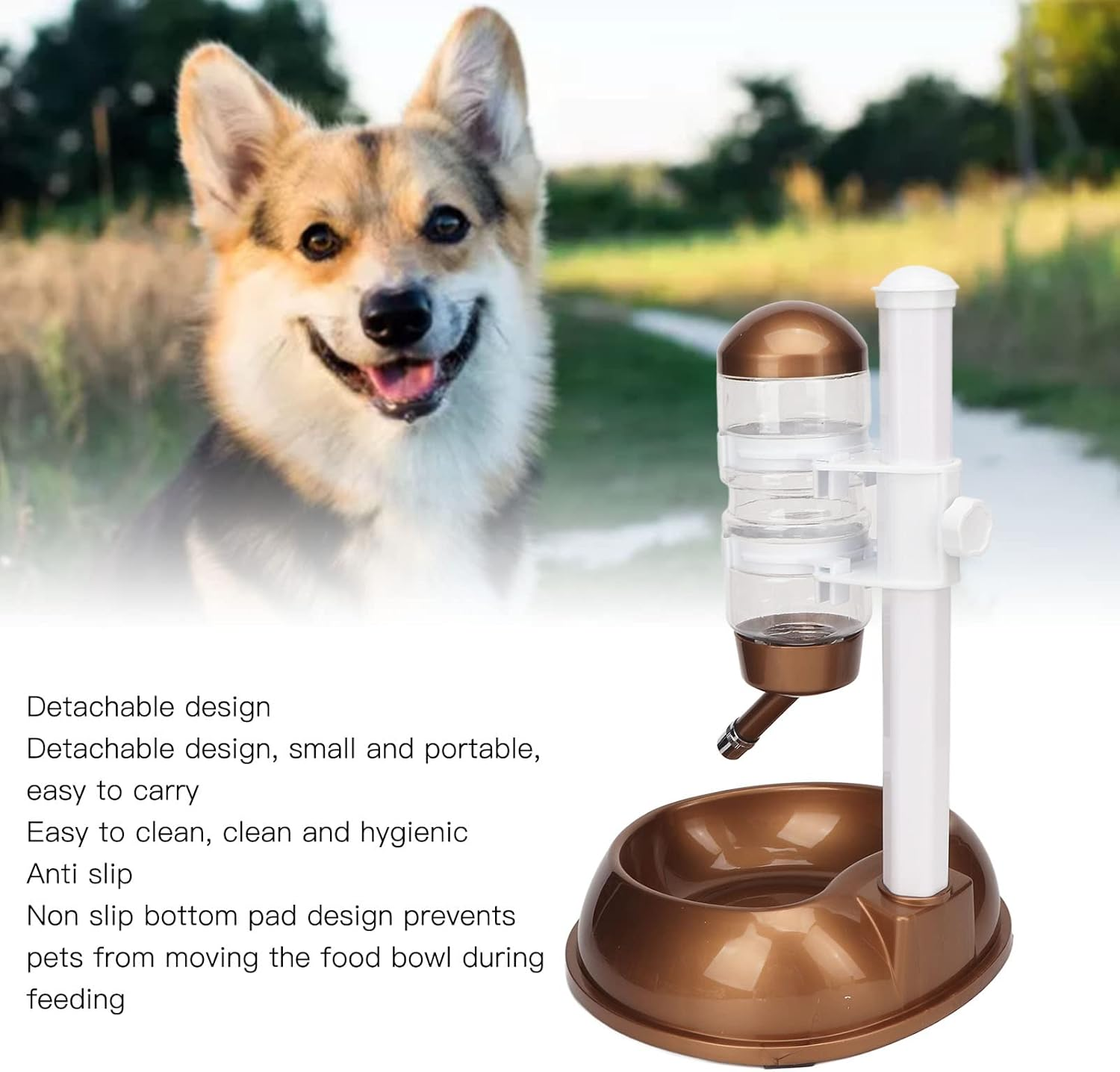 Ein Corgi lchelt neben einem braunen und weißen Trinkbrunnen für Haustiere im Freien.