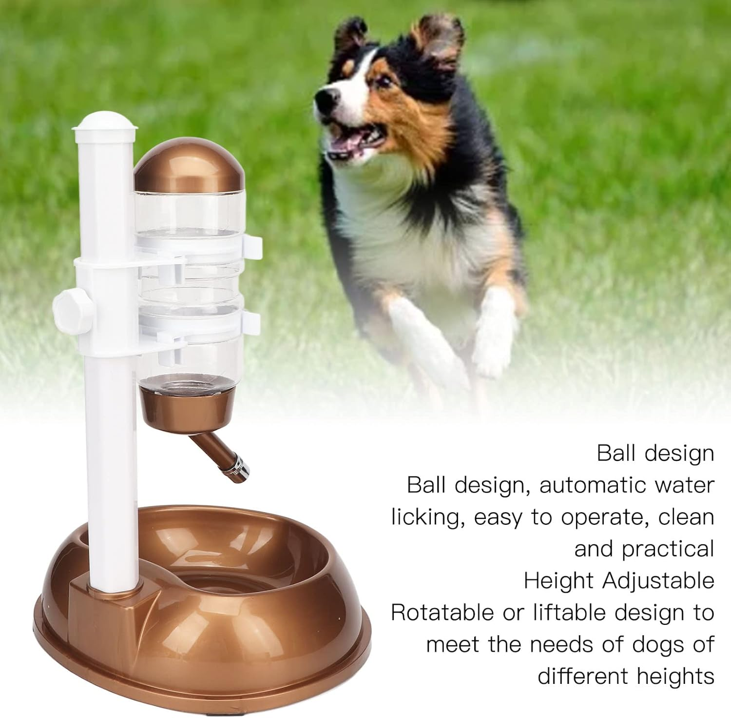Ein Hund rennt auf Gras neben einem automatischen Wasserspender mit Kugeldüse.