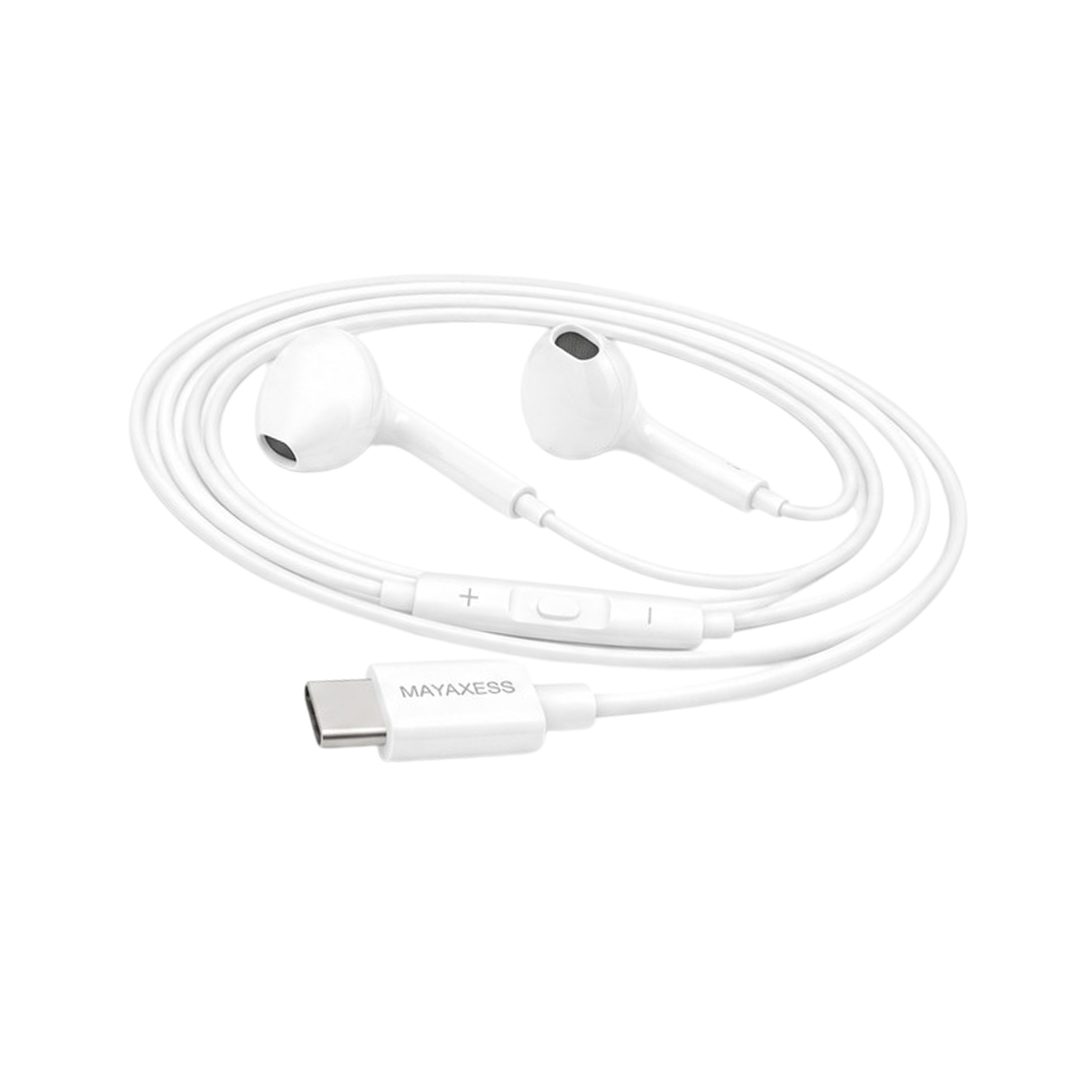 Auricolari bianchi con connettore USB-C e telecomando in linea su sfondo bianco.