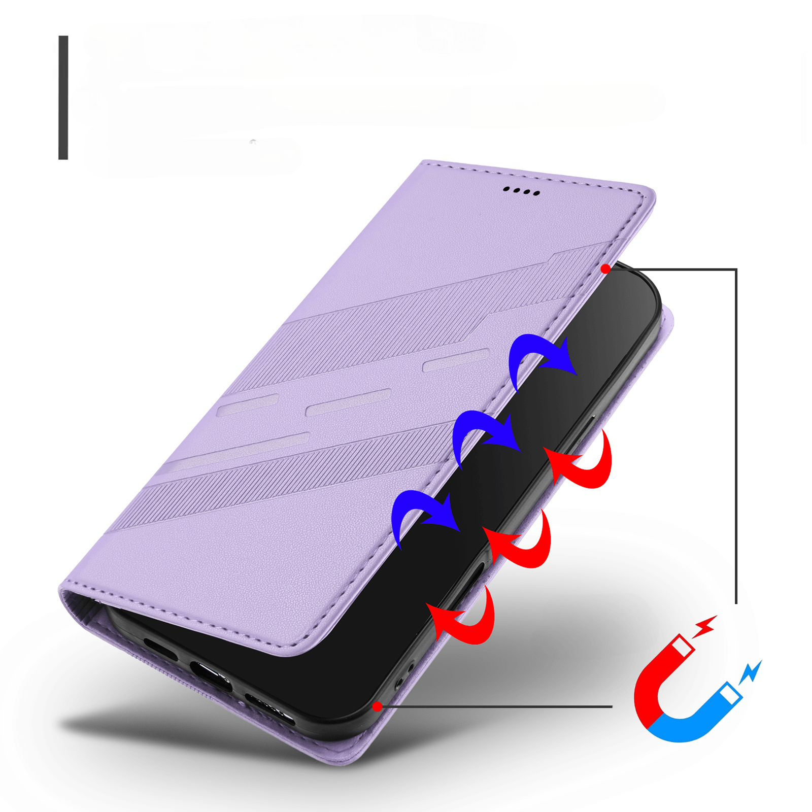 Custodia viola per telefono con chiusura magnetica e frecce aria.