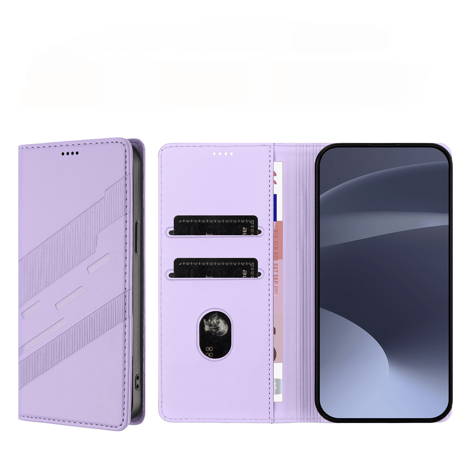 Custodia viola per telefono con slot per carte e telefono accanto.